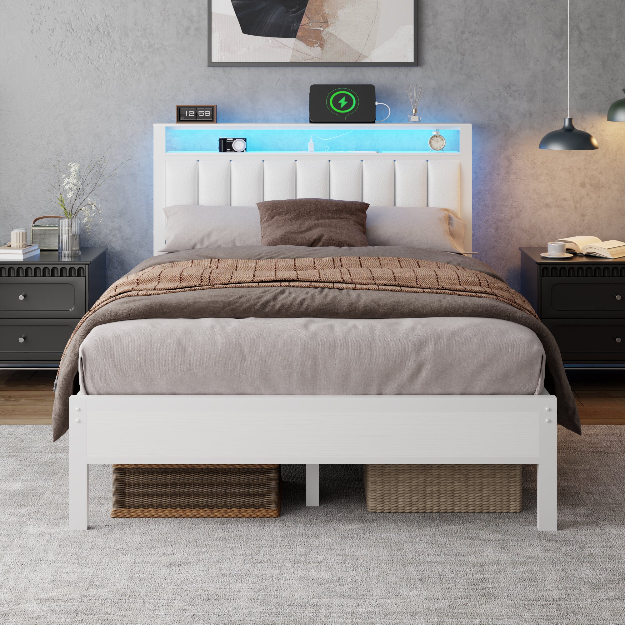 Full Bed Frame with LED Lights Charging Station 2 Tier Storage Shelves PU Leather Headboard Sturdy Metal Slat Support Platform Bed No Box Spring Needed