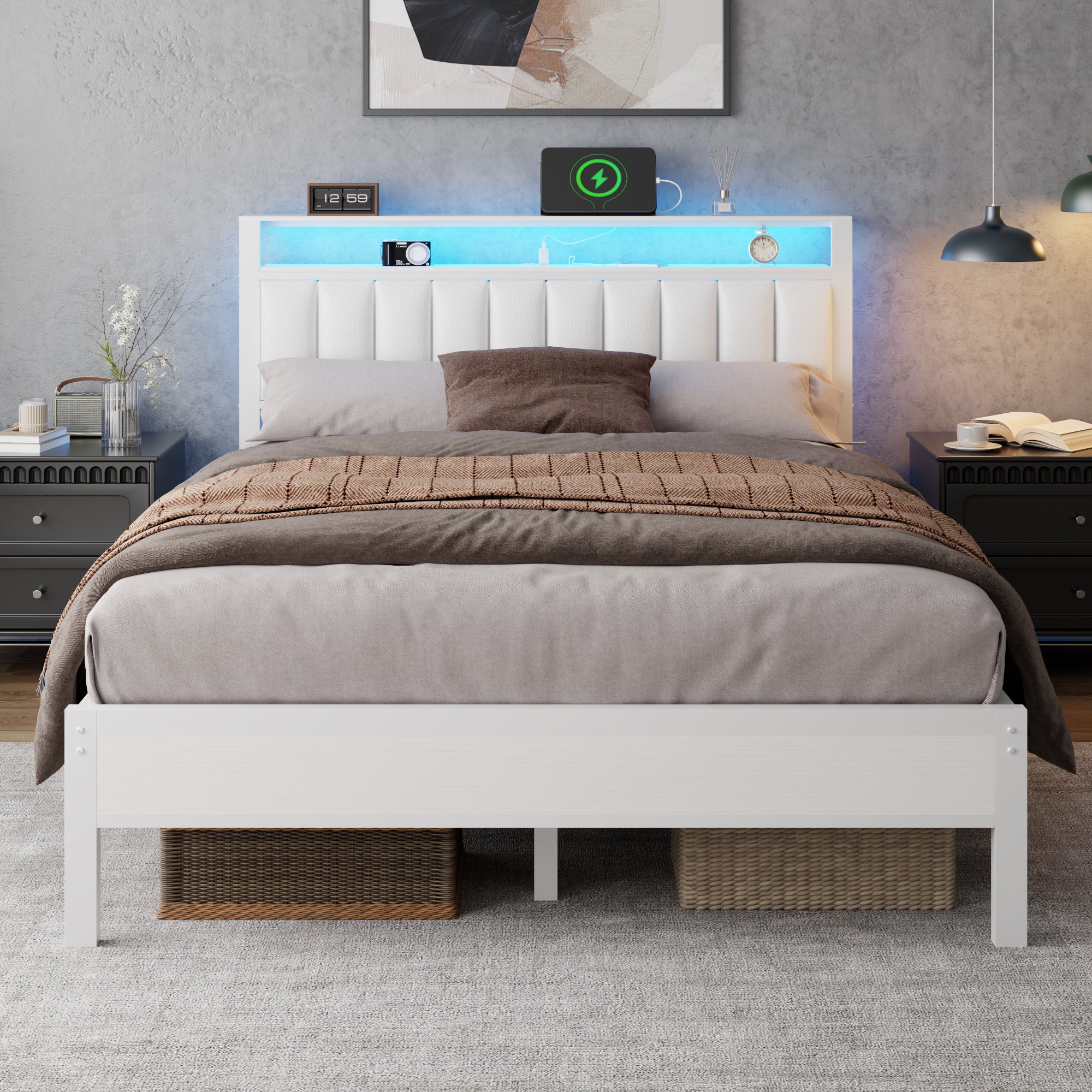 White Queen Bed Frame with LED Lights Charging Station Storage Bookcase Headboard PU Leather Upholstered Platform Bed No Box Spring Needed