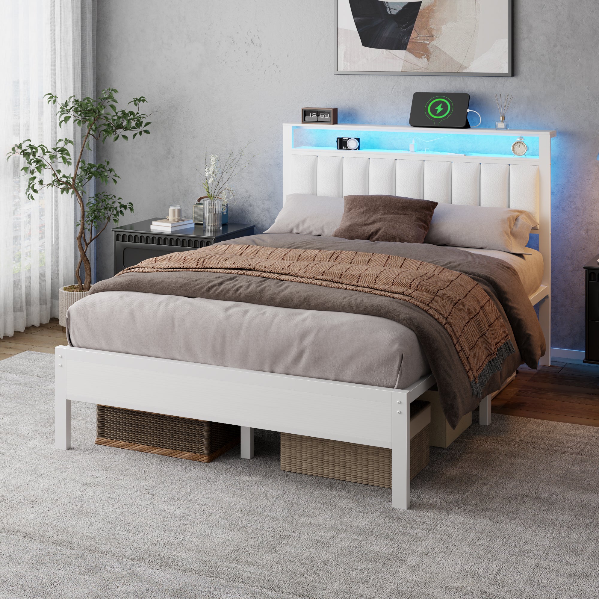 Furnulem White Full Size Bed Frame with Charging Station  Led Lights, Pu Leather Upholstered Headboard W/ 2-Tier Storage Shelves No Box Spring Needed