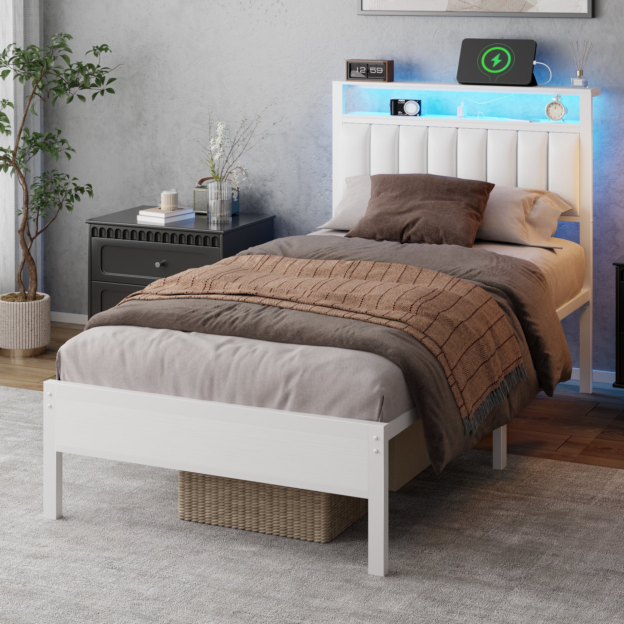 Modern White Twin Bed Frame with Charging Station LED Lights Storage Headboard Upholstered Platform Bed No Box Spring Needed Teen Gaming Bedroom