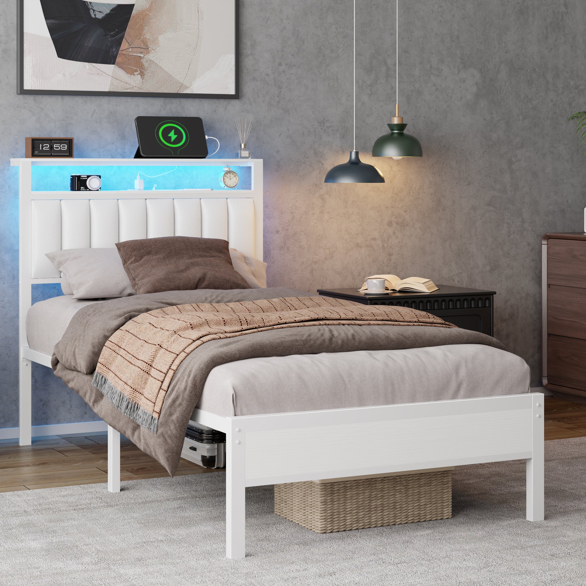 Modern White Twin Bed Frame with Charging Station LED Lights Storage Headboard Upholstered Platform Bed No Box Spring Needed Teen Gaming Bedroom