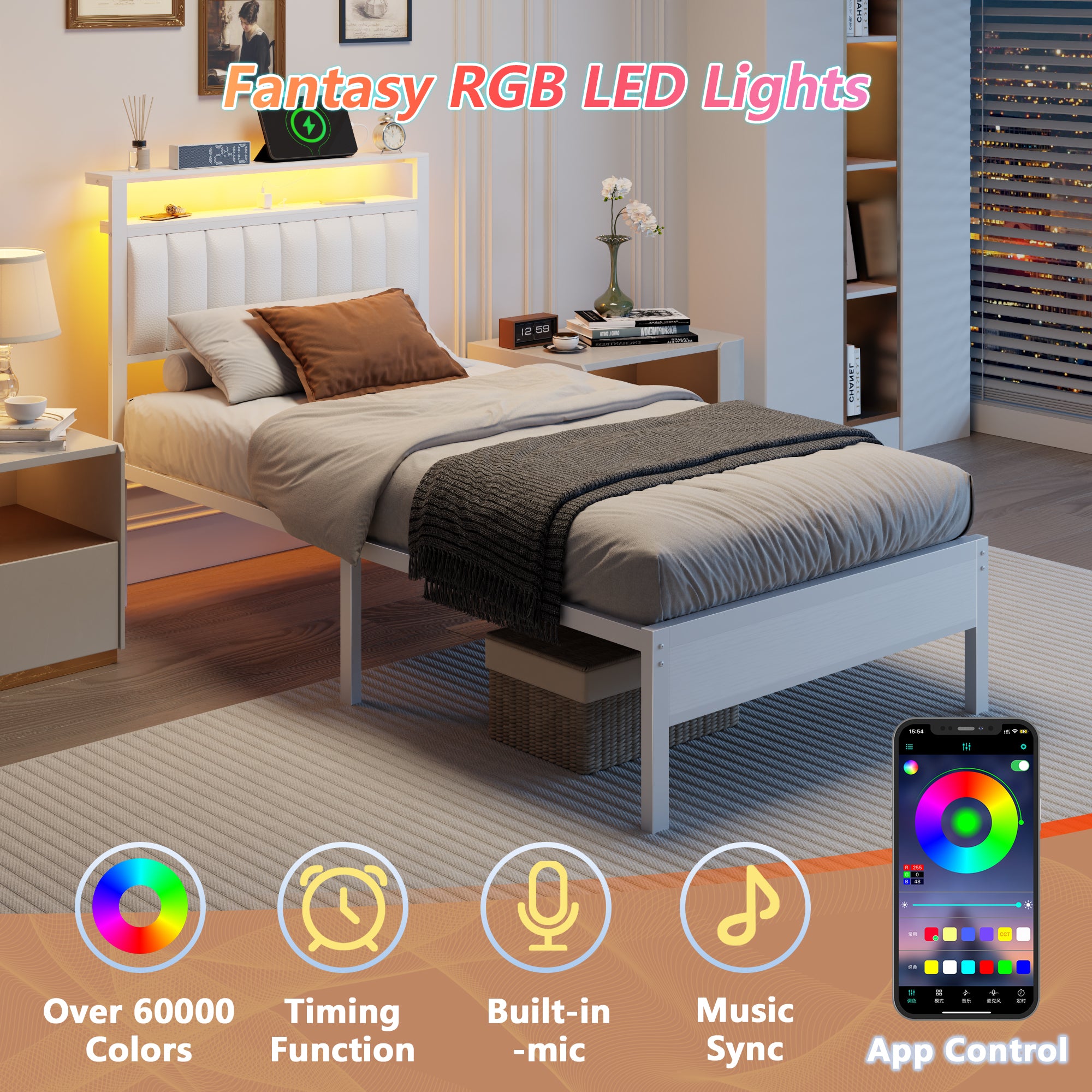 Modern White Twin Bed Frame with Charging Station LED Lights Storage Headboard Upholstered Platform Bed No Box Spring Needed Teen Gaming Bedroom