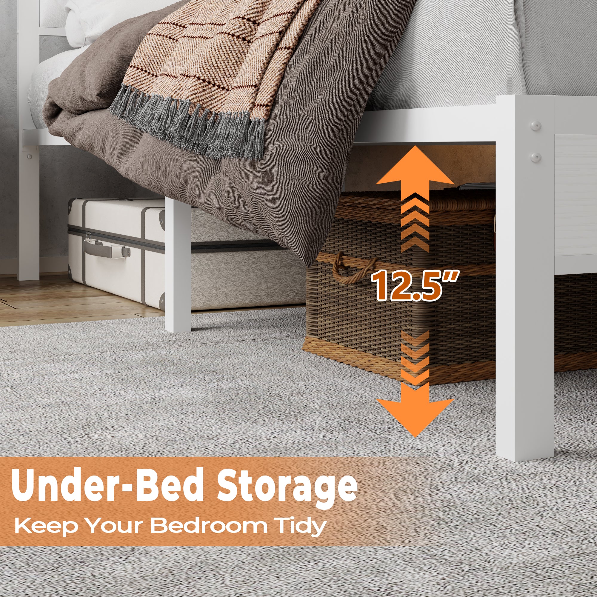 Full Size Bed Frames with LED Lights Charging Station Platform Bed with Metal Slats Headboard with 2-Tier Storage Shelves No Box Spring Needed White