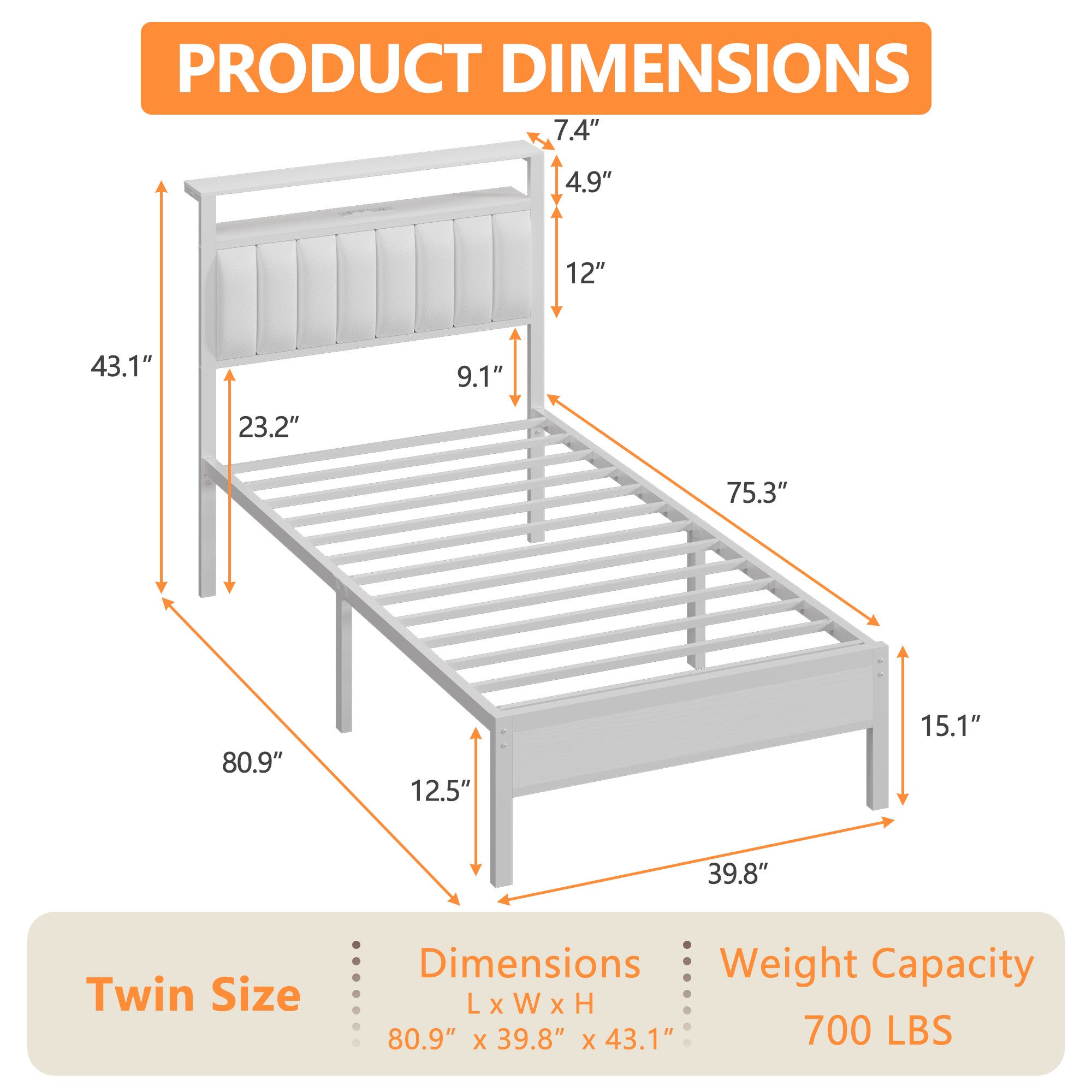 Modern White Twin Bed Frame with Charging Station LED Lights Storage Headboard Upholstered Platform Bed No Box Spring Needed Teen Gaming Bedroom