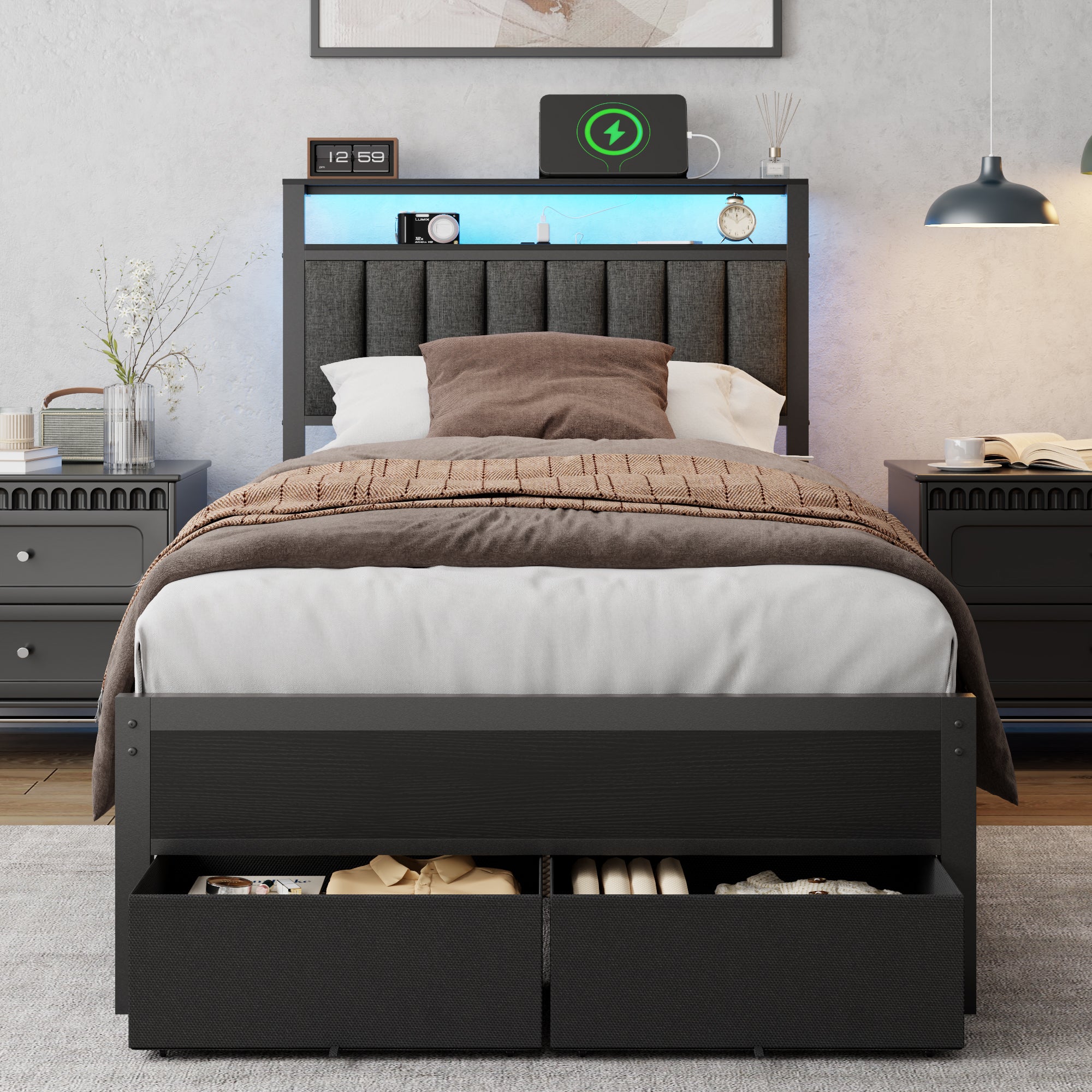 Twin Size Platform Bed Frame 2 Storage Drawers Headboard Shelf Grey Upholstered Metal Heavy Duty No Box Spring Needed Kids Dorm Bedroom