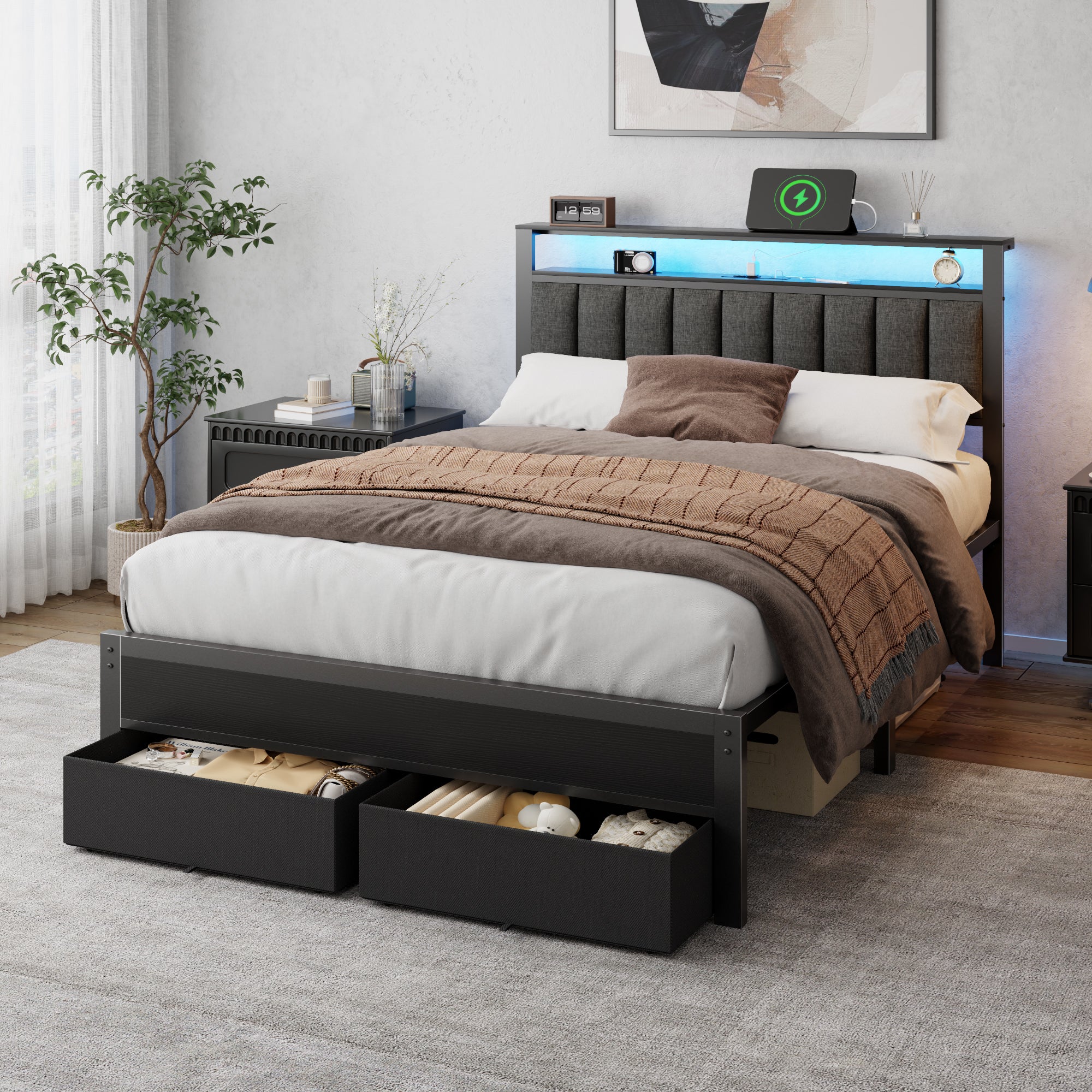Full Storage Bed Frame with Charging Station LED Lights Bookcase Headboard 2 Drawers Metal Platform Upholstered No Box Spring Needed Shelf