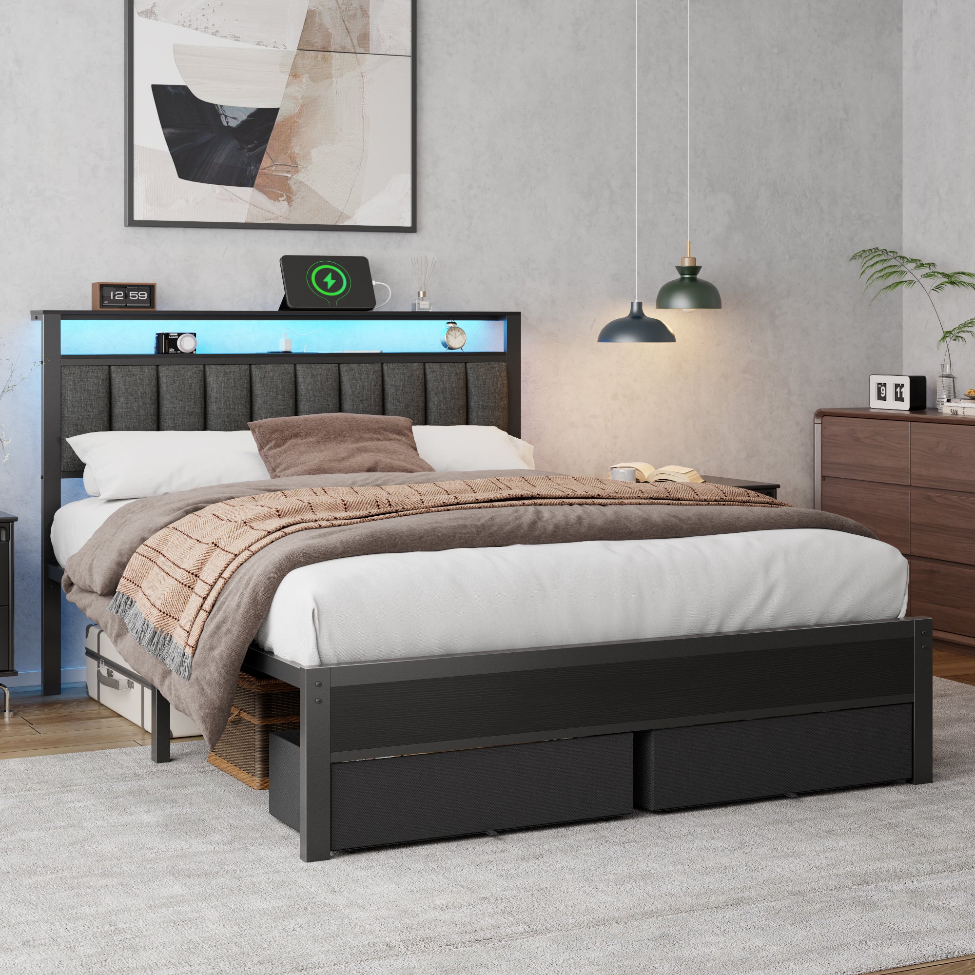 Queen Platform Bed Frame with Charging Station LED Lights 2 Storage Drawers Grey Upholstered Headboard Metal Support No Box Spring Needed