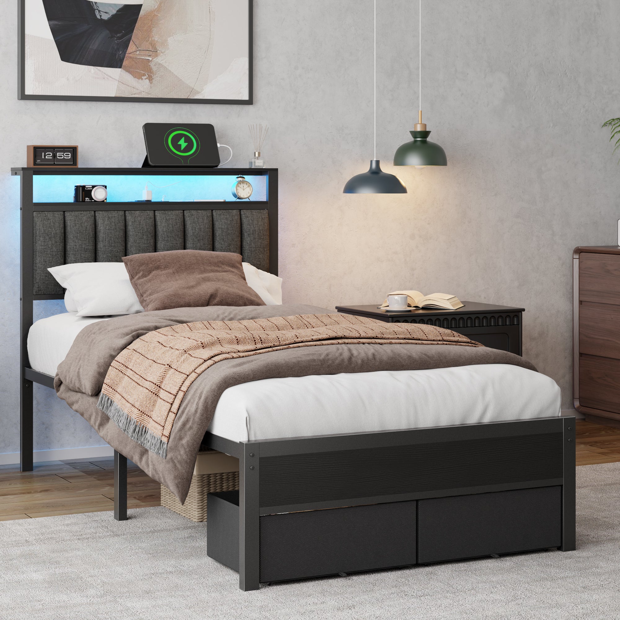 Twin Size Platform Bed Frame 2 Storage Drawers Headboard Shelf Grey Upholstered Metal Heavy Duty No Box Spring Needed Kids Dorm Bedroom