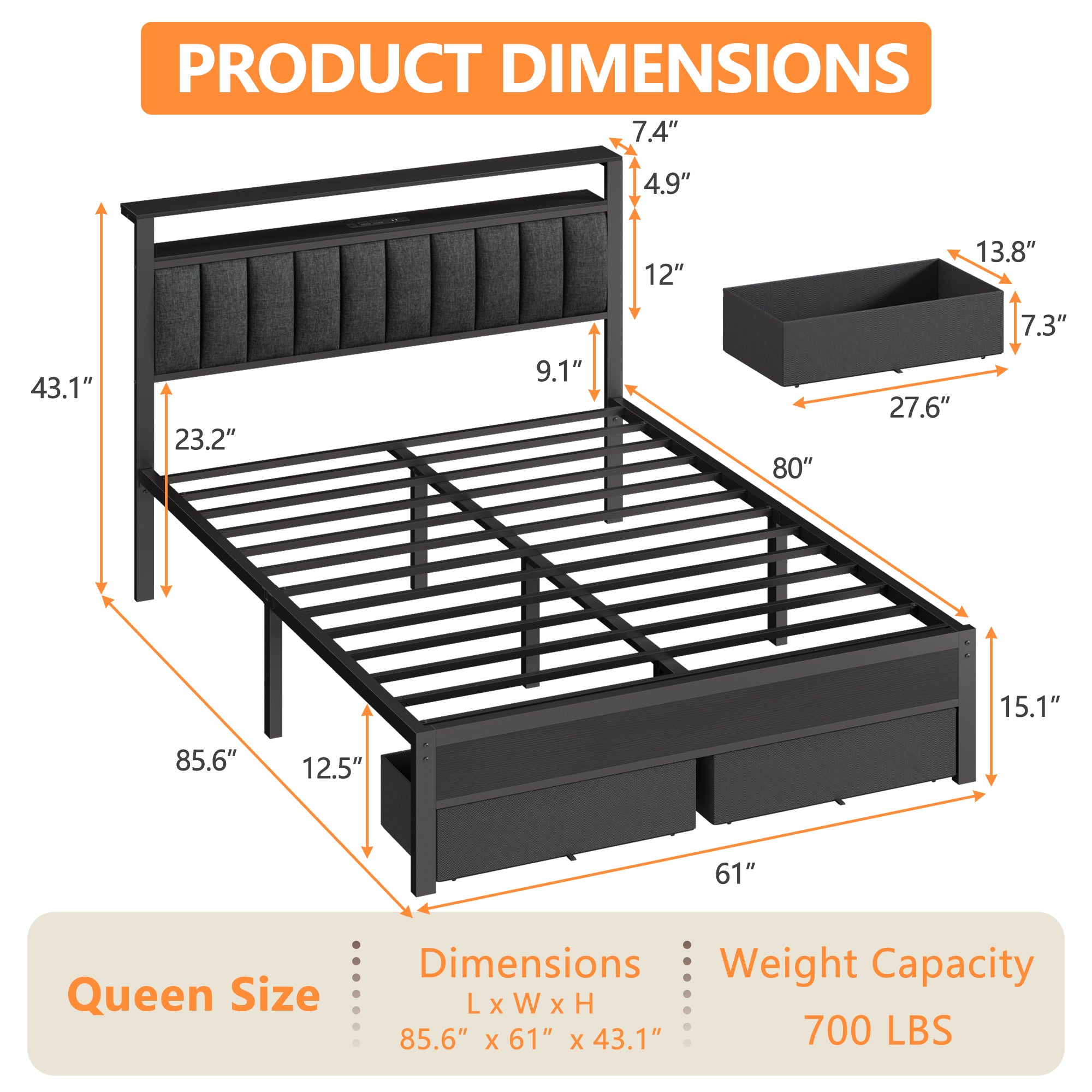 Queen Platform Bed Frame with Charging Station LED Lights 2 Storage Drawers Grey Upholstered Headboard Metal Support No Box Spring Needed