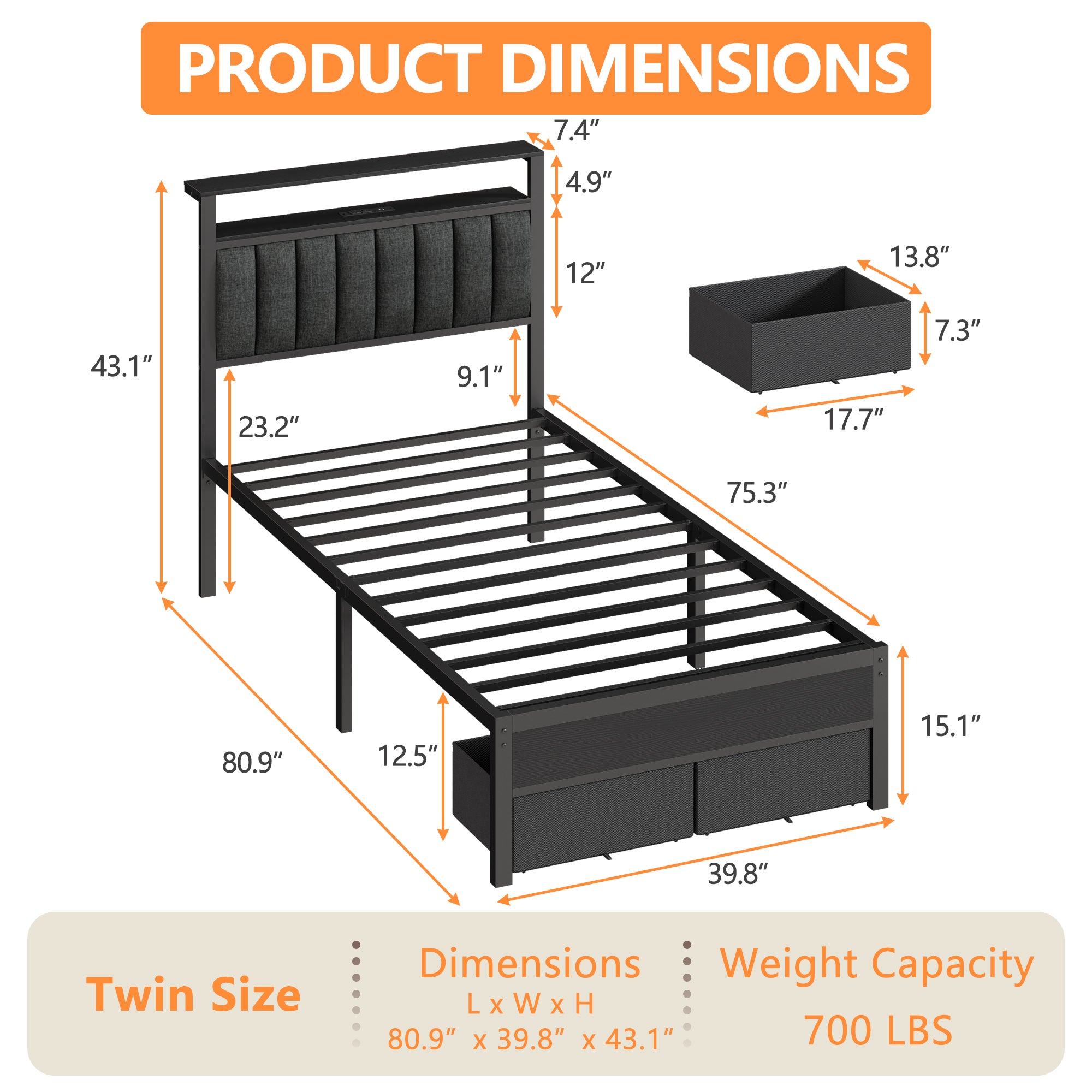Twin Bed Frames  Grey Upholstered Headboard with Shelves Metal Platform Bed with 2 Under-Bed Storage (Fabric Drawer on Wheels) No Box Spring Needed