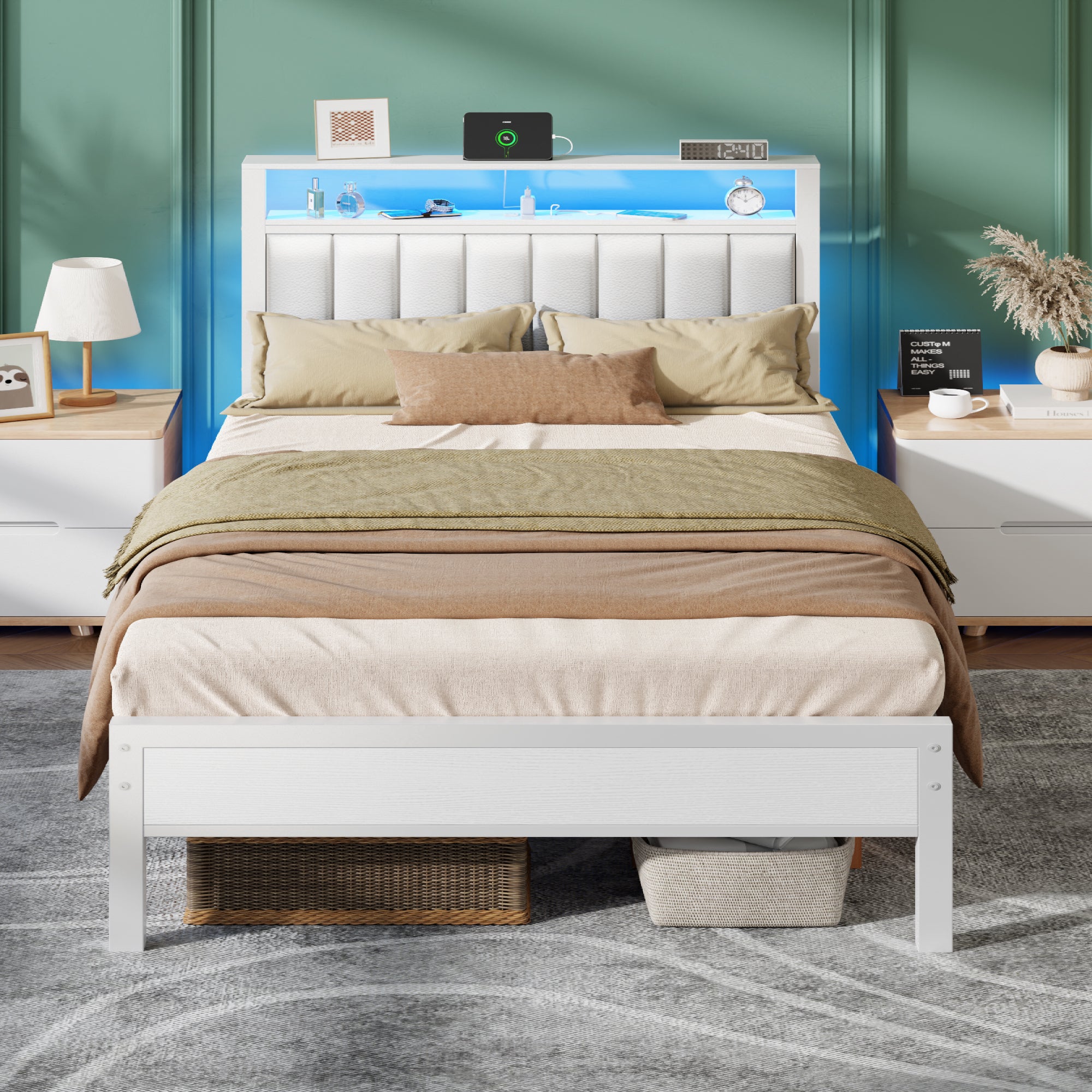 Furnulem Full Size Bed Frame with Charging Station & LED Lights, Modern Platform Bed with 2-Tier Storage Shelves, White PU Leather Upholstered Headboard, No Box Spring Needed, Metal Slats Support