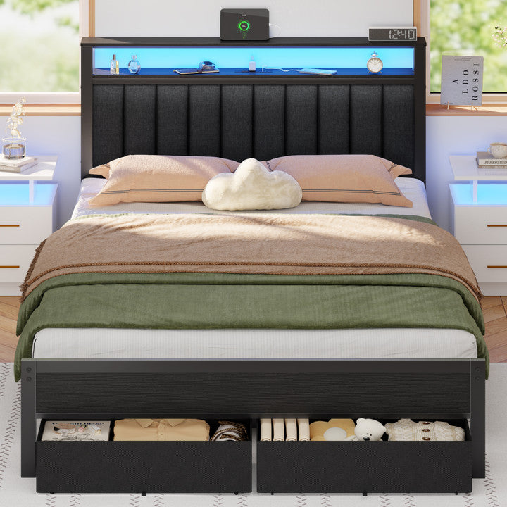 Furnulem Bed Frame with LED Lights, Charging Station & Storage