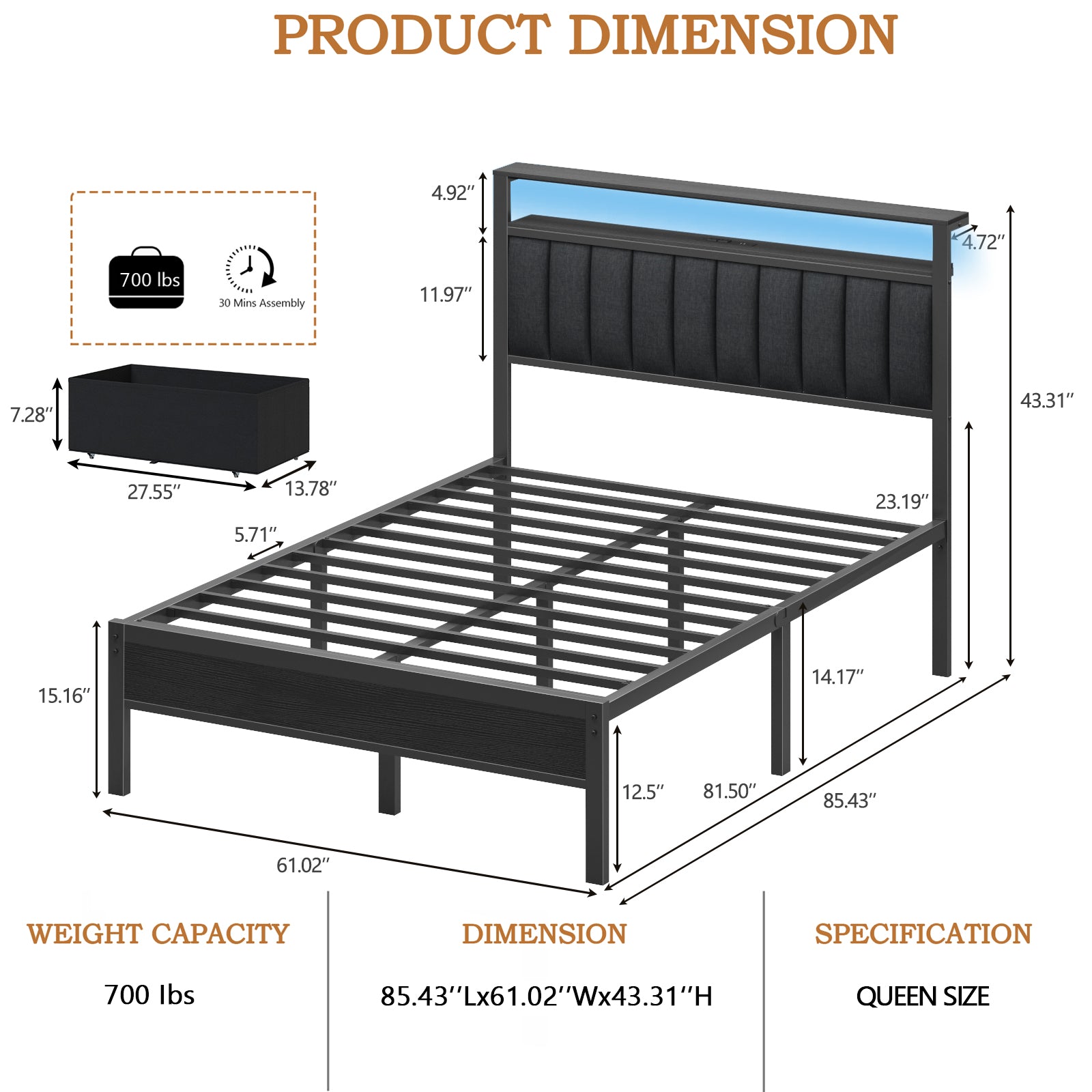 Furnulem Bed Frame with LED Lights, Charging Station & Storage