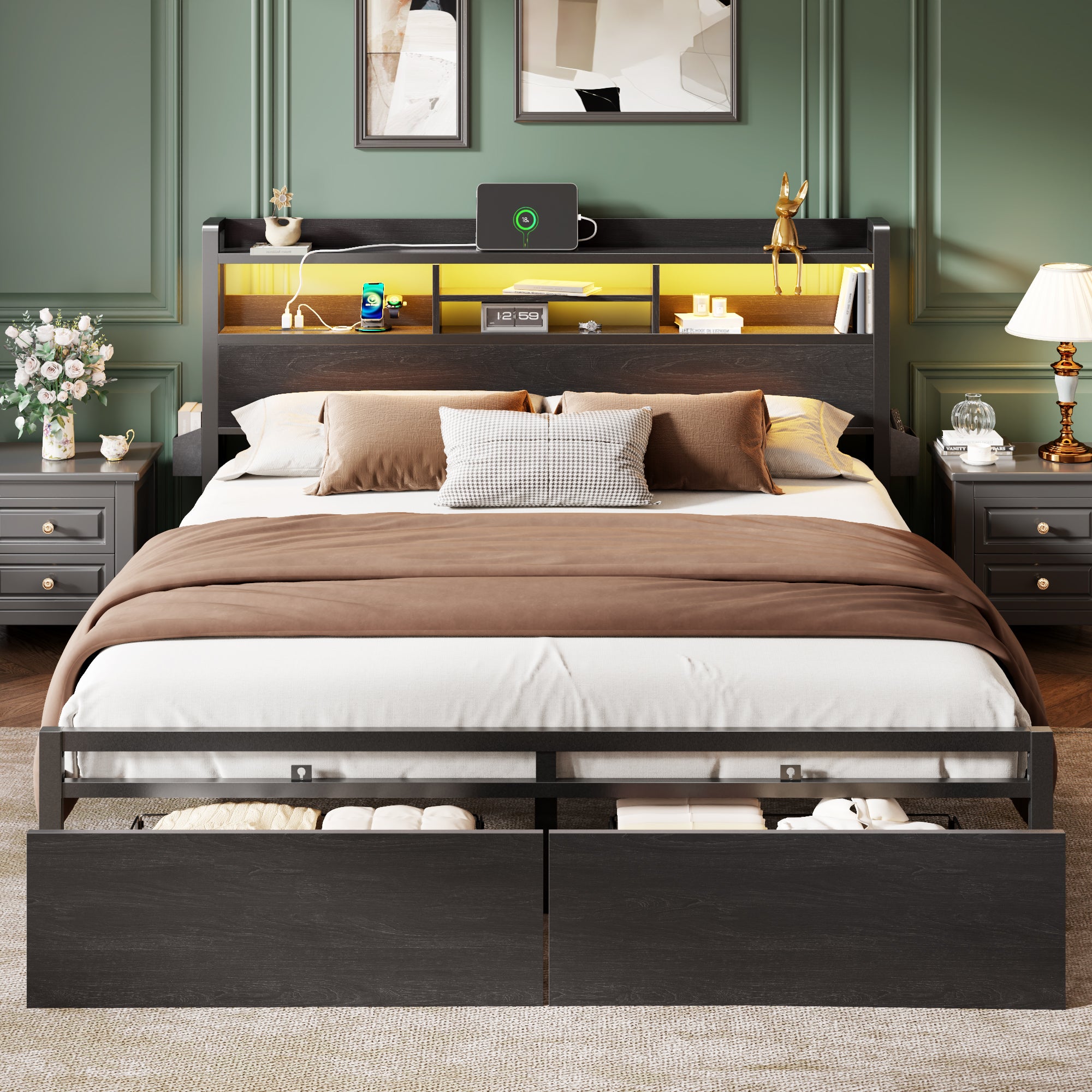 Modern King Bed Frame with Storage Drawers Charging Station USB Ports LED Headboard Shelf Black Metal Platform Bed Heavy Duty Noise Free Support