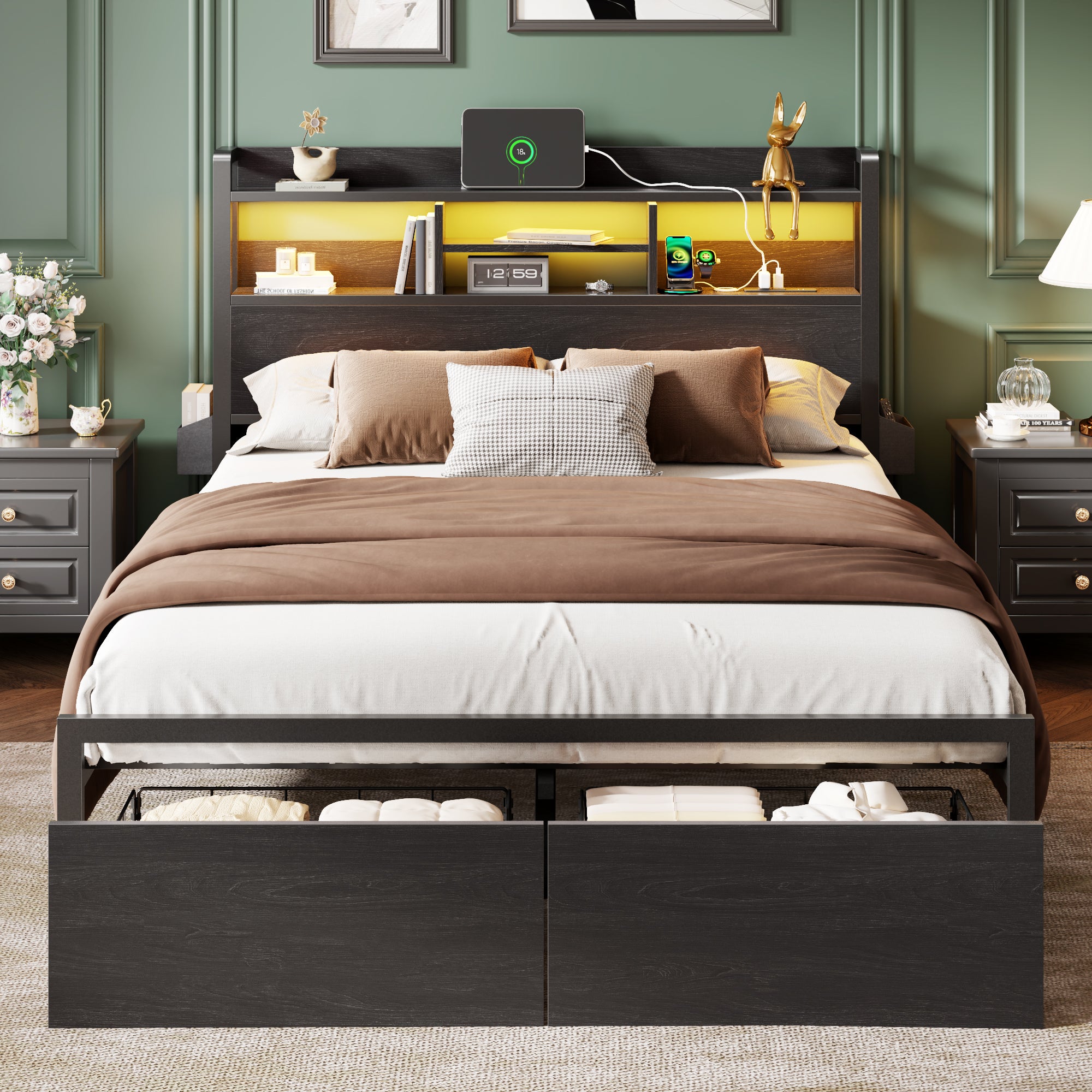 Furnulem Queen Bed Frame with Wood Headboard and Storage Shelf  Metal Platform Bed Frame Queen Size with Storage Drawers  No Box Spring Needed Black