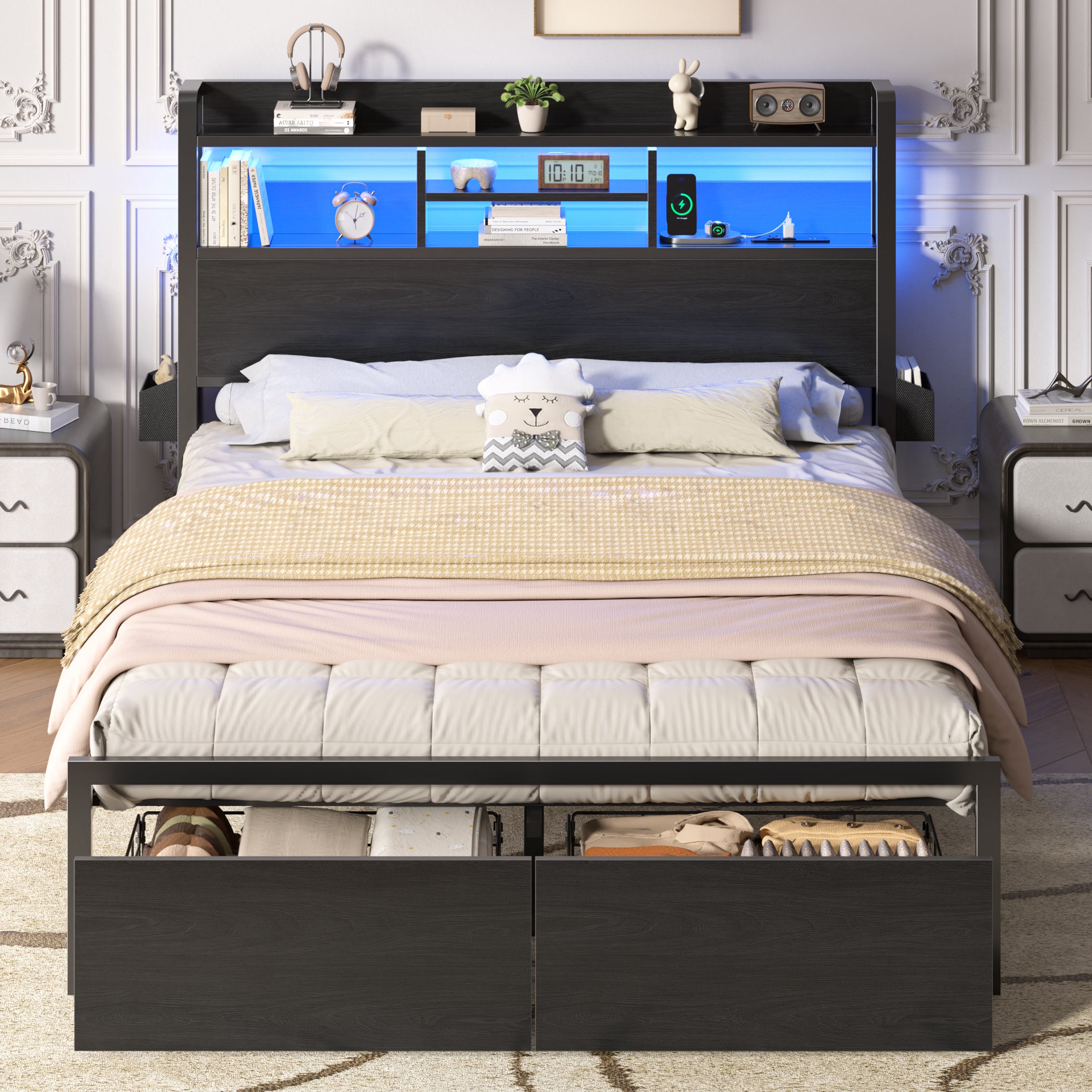 Furnulem Queen Size Bed Frame with Wooden Headboard and Shelves  Metal Platform Bed Frame with Storage Drawers LED Lights and Charging Station Black