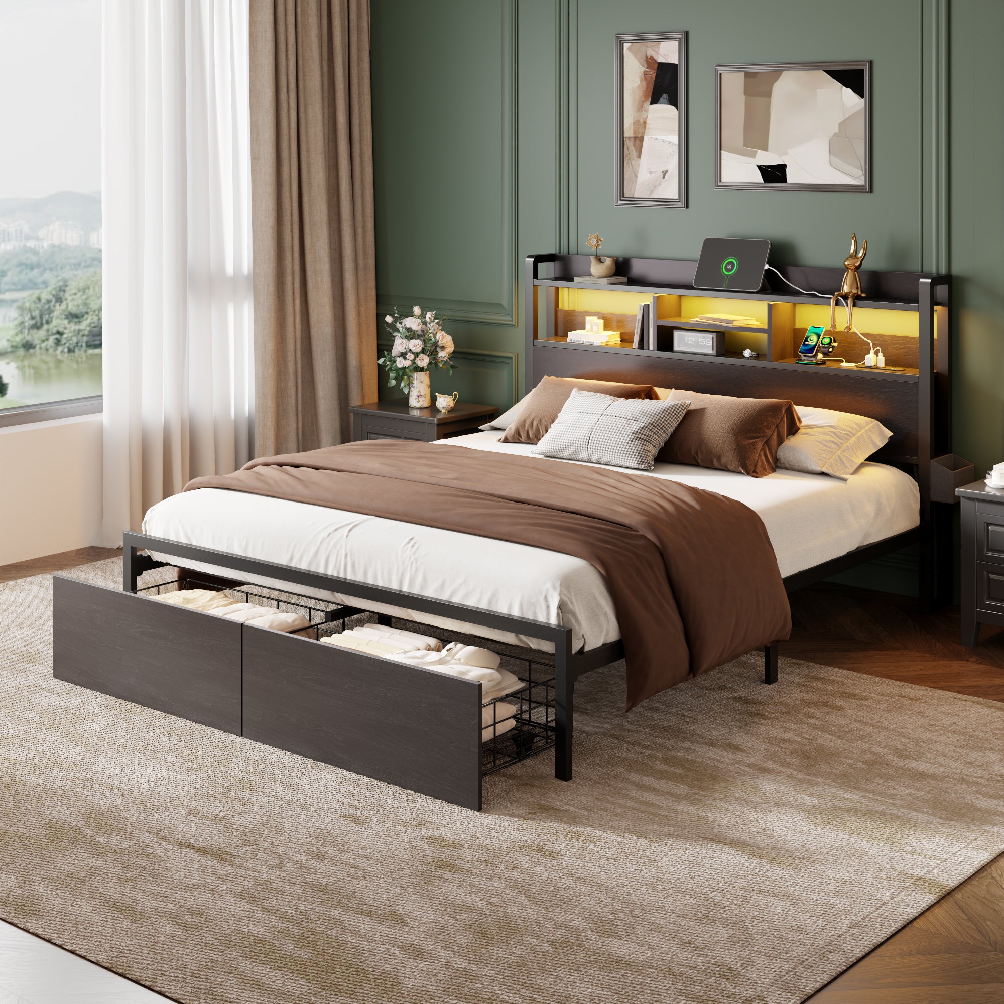 Furnulem Queen Bed Frame with Wood Headboard and Storage Shelf  Metal Platform Bed Frame Queen Size with Storage Drawers  No Box Spring Needed Black