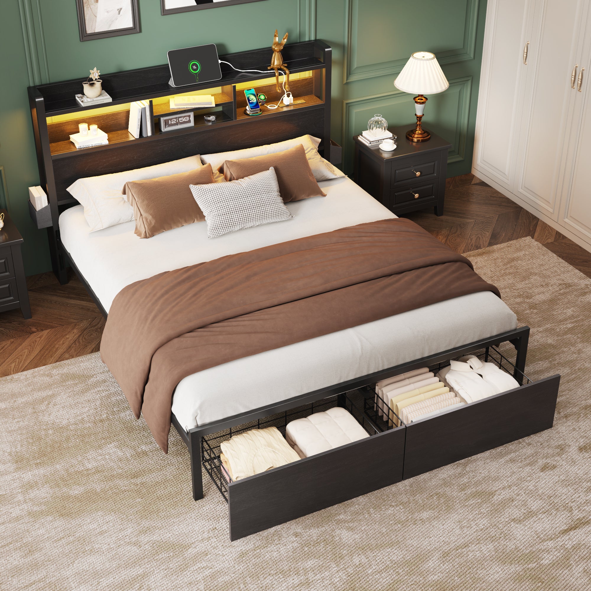 Furnulem Queen Size Bed Frame with Wooden Headboard and Shelves  Metal Platform Bed Frame with Storage Drawers LED Lights and Charging Station Black