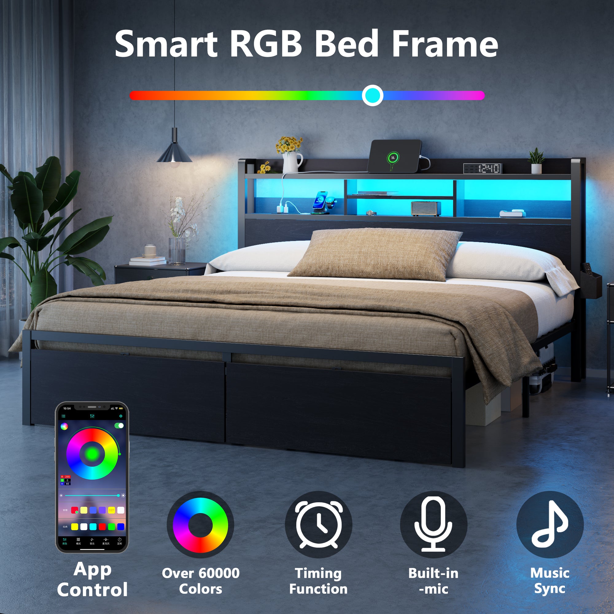 Modern King Bed Frame with Storage Drawers Charging Station USB Ports LED Headboard Shelf Black Metal Platform Bed Heavy Duty Noise Free Support