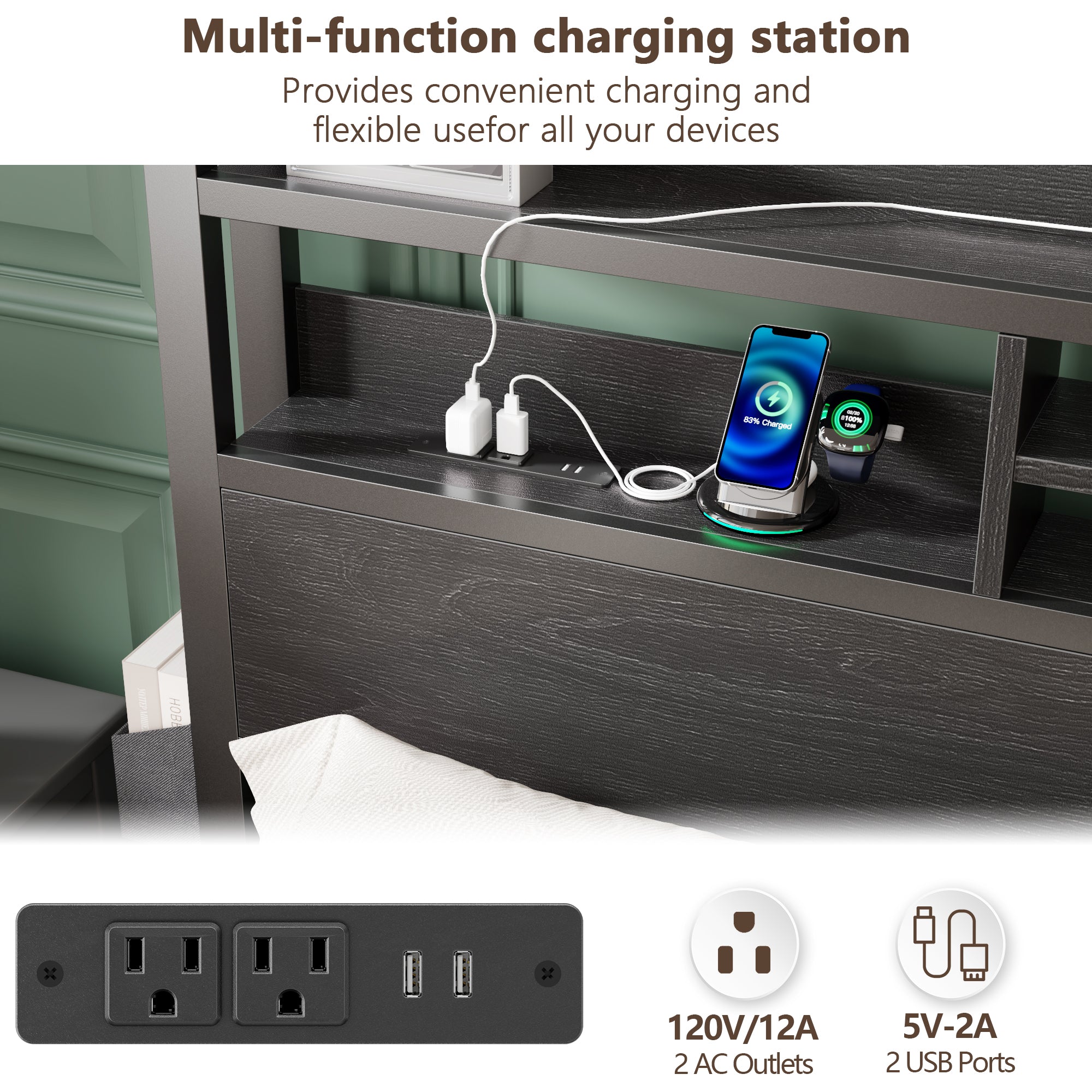 Storage Queen Bed Frame with LED Lights Charging Station Drawers Industrial Rustic Wood Headboard Shelf Black Metal Platform No Box Spring Need