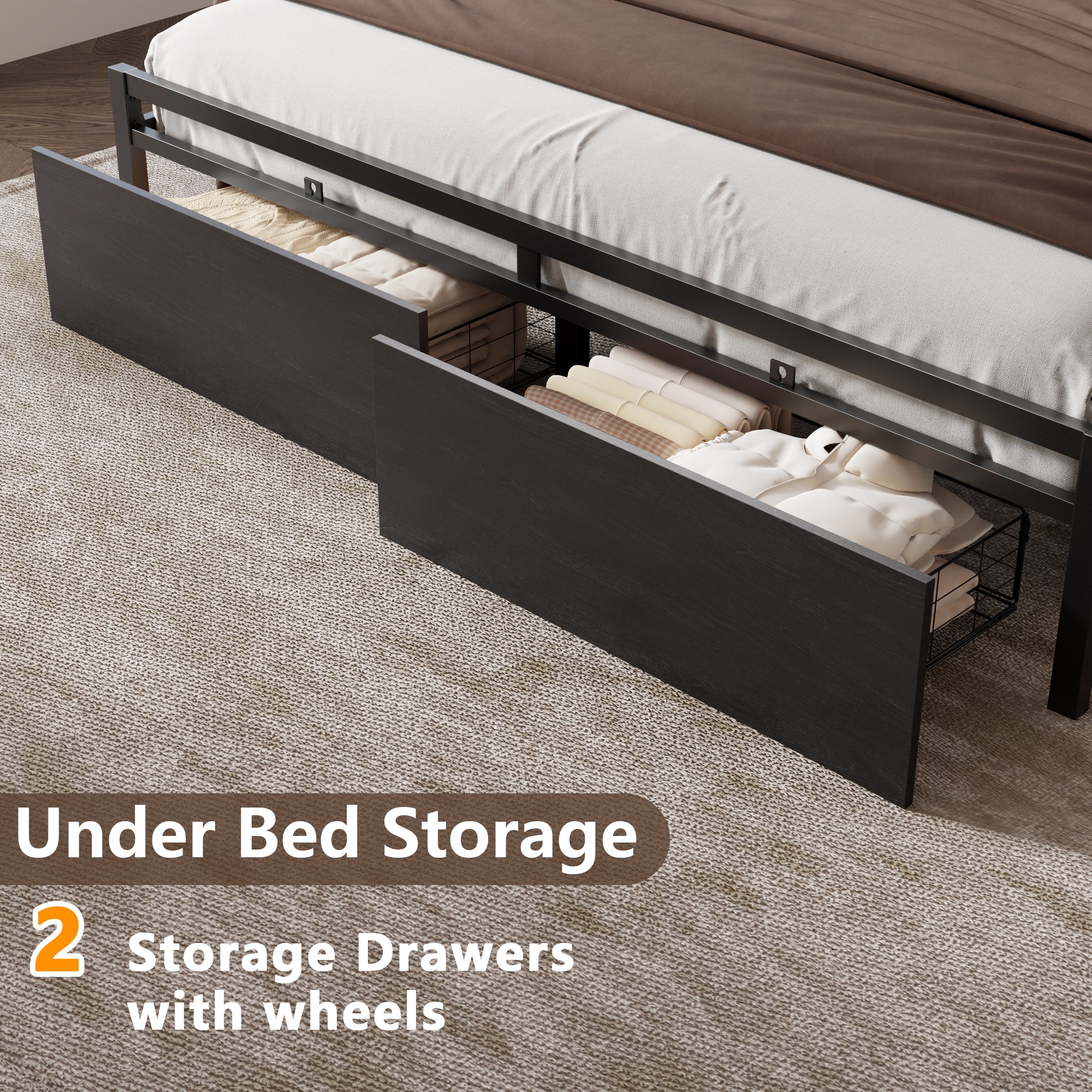 Furnulem Full Size Bed Frame with Wood Headboard and Storage Shelf Metal Platform Bed Frame with Storage Drawers LED Lights and Charging Station Black