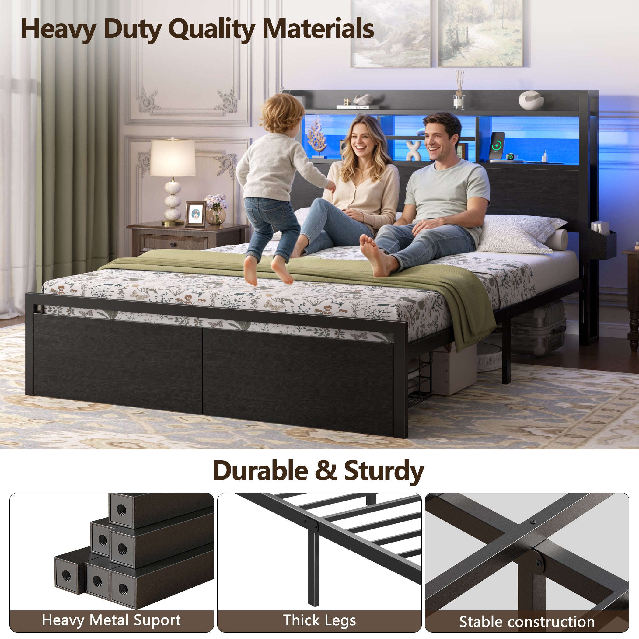 Furnulem Queen Size Bed Frame with Wooden Headboard and Shelves  Metal Platform Bed Frame with Storage Drawers LED Lights and Charging Station Black