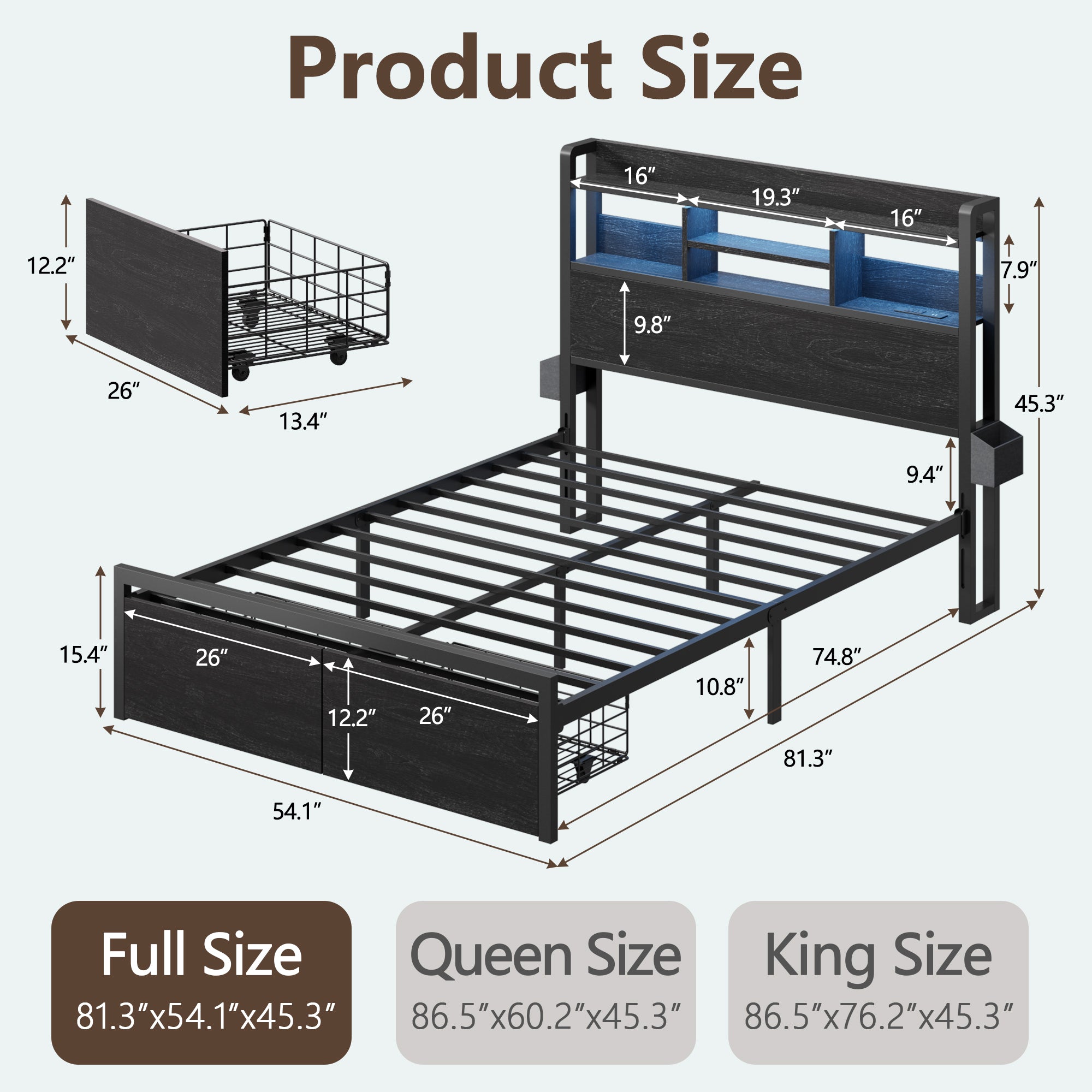 Furnulem Full Size LED Light Bed Frame with Storage Headboard and USB Ports Bed Platform with Drawers  RGB Lights