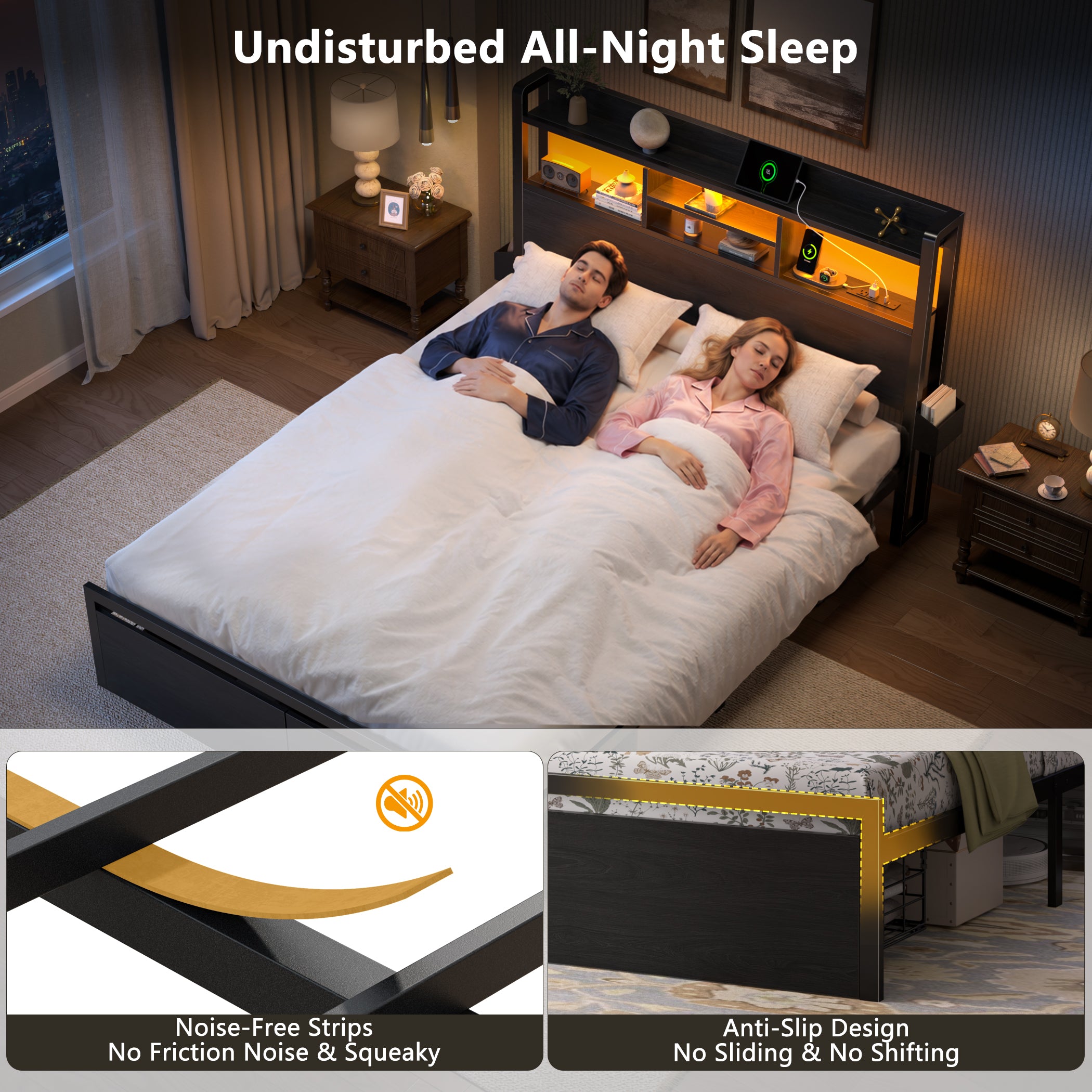 Furnulem Queen Size Bed Frame with Wooden Headboard and Shelves  Metal Platform Bed Frame with Storage Drawers LED Lights and Charging Station Black