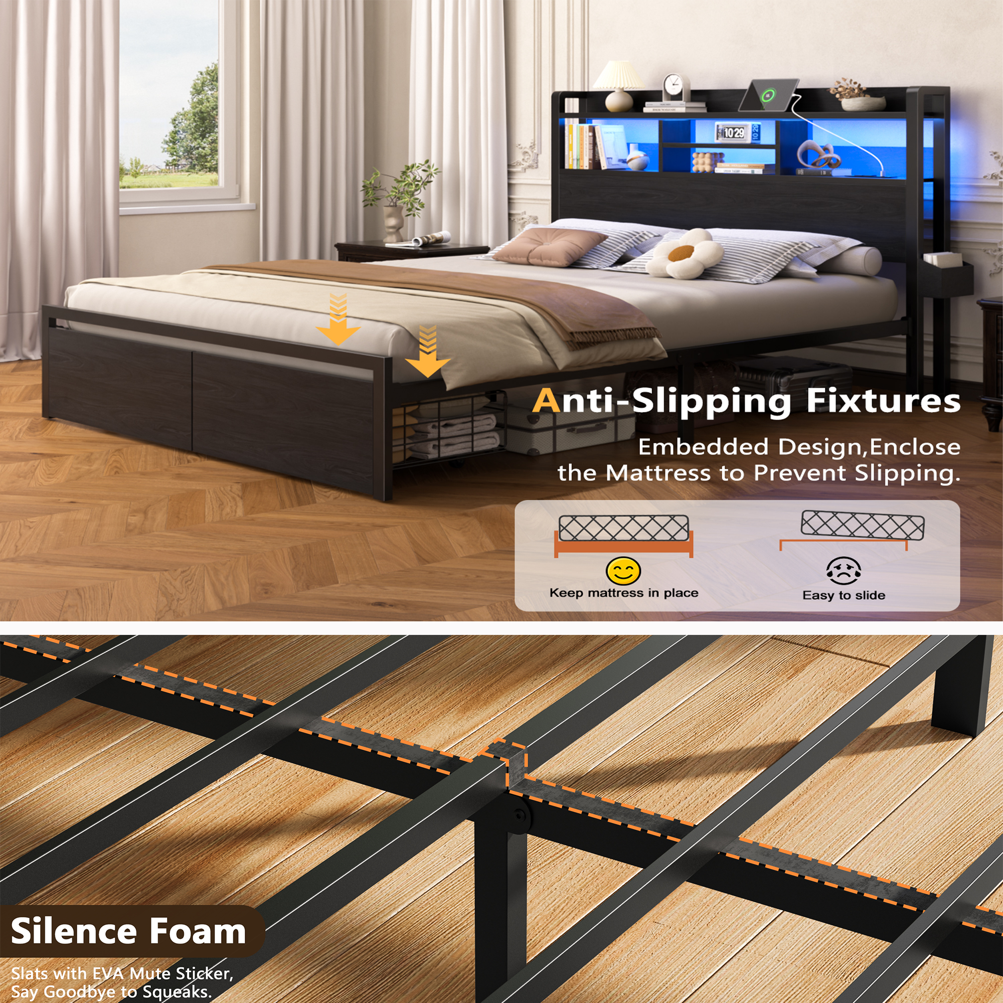 Furnulem Queen Size Bed Frame with Wooden Headboard and Shelves  Metal Platform Bed Frame with Storage Drawers LED Lights and Charging Station Black