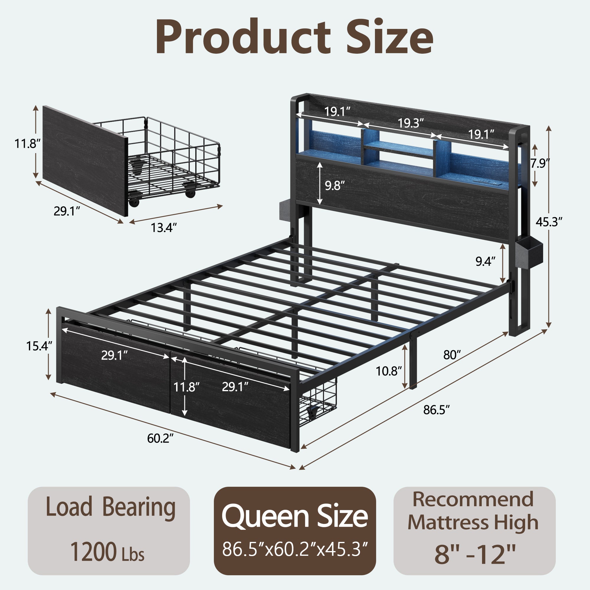 Furnulem Queen Size Bed Frame with Wooden Headboard and Shelves  Metal Platform Bed Frame with Storage Drawers LED Lights and Charging Station Black
