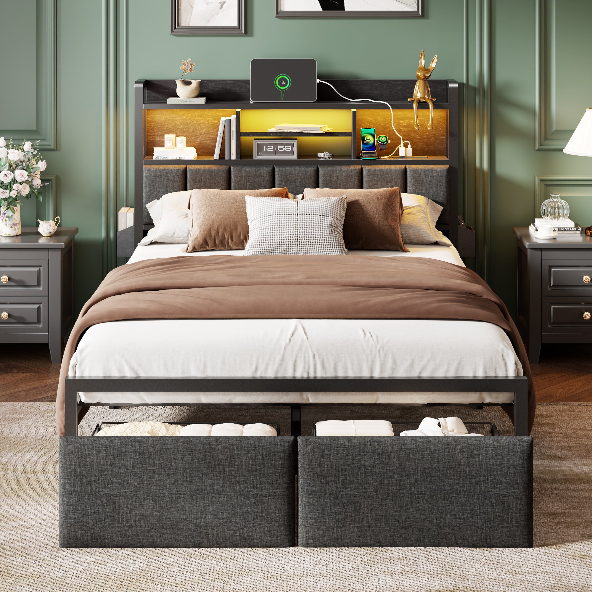 Furnulem Full  Bed Frame with Storage Drawers  Upholstered Headboard with Storage Shelf  LED Lights and Charging Station  Metal Platform Bed Frame