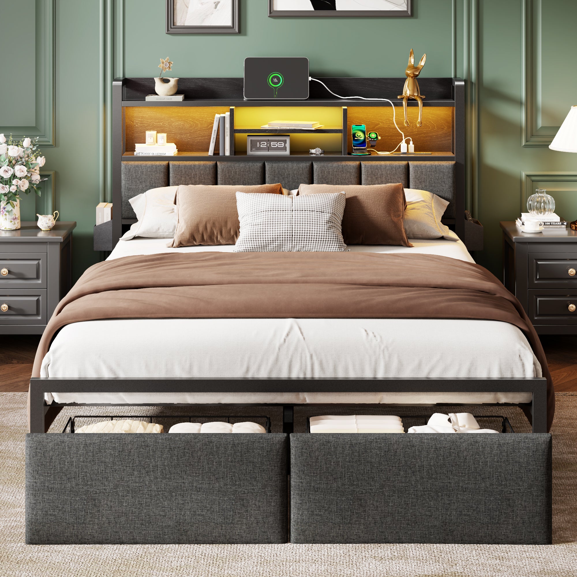 Furnulem Queen Bed Frame with Storage Drawers  Upholstered Headboard with Storage Shelf  LED Lights and Charging Station  Metal Platform Bed Frame