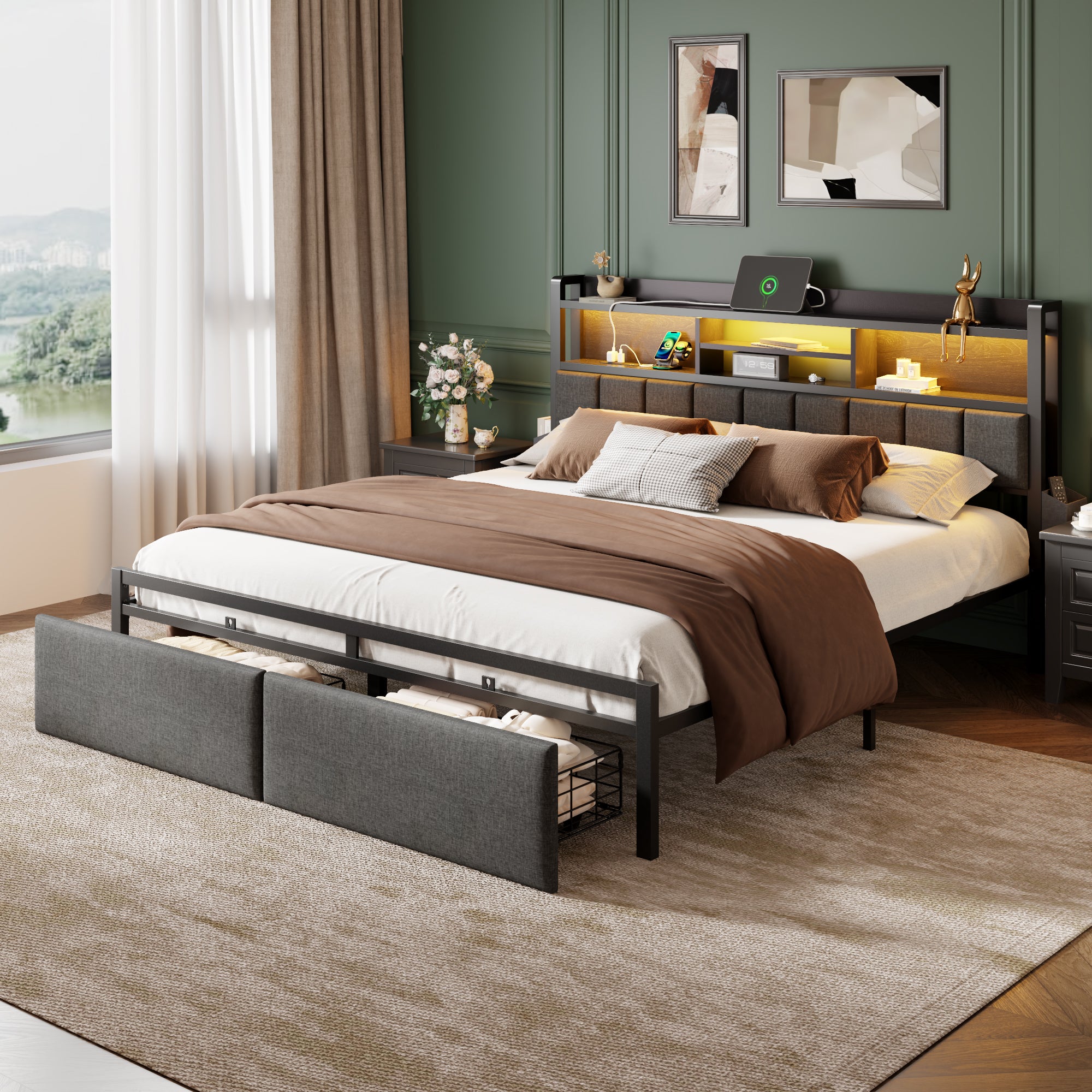 King Size Upholstered Bed Frame with Storage Drawers LED Lights Charging Station Headboard Shelf Heavy Duty Metal Platform No Box Spring Needed