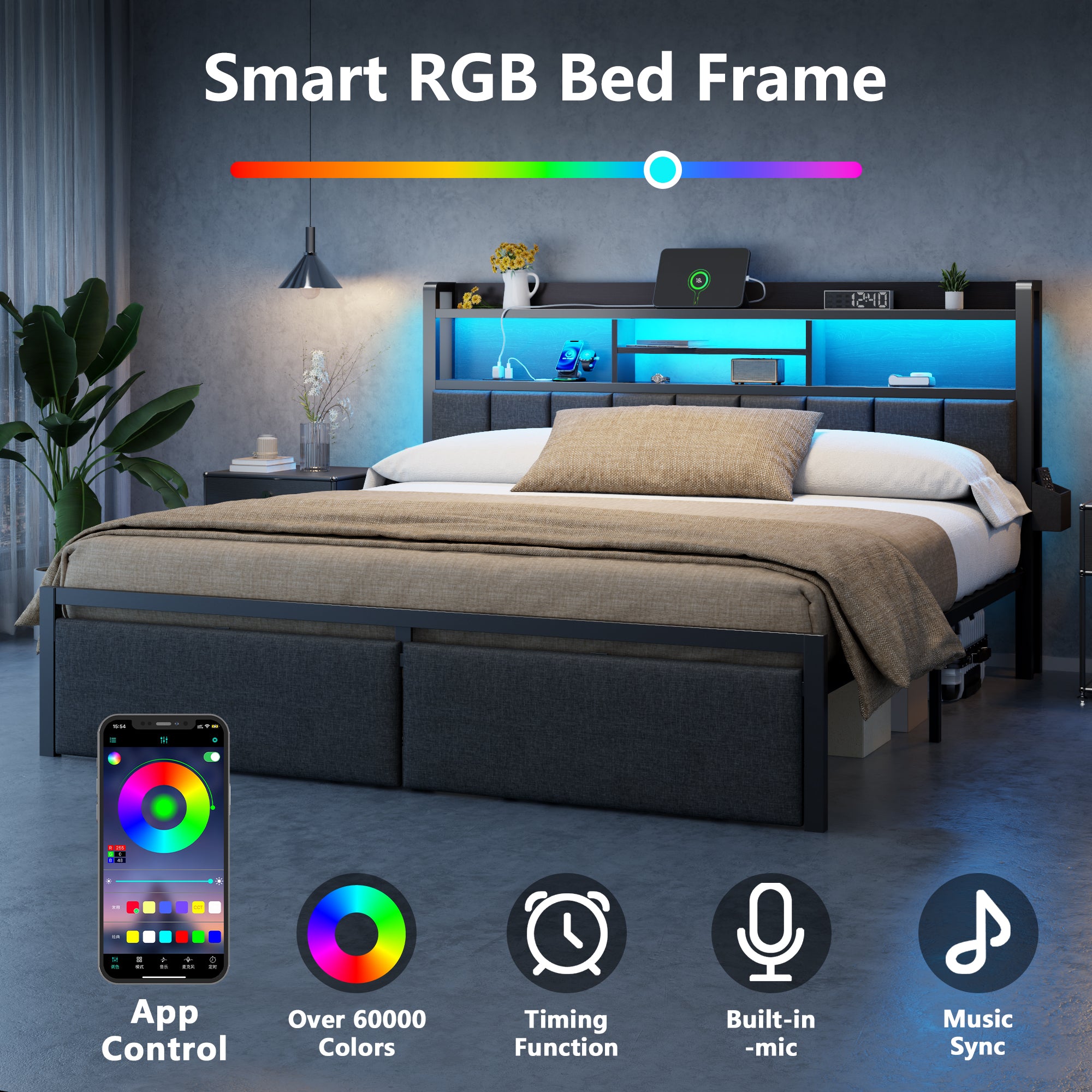 Upholstered King Size Bed Frame with Storage Drawers LED Lights Charging Station Shelf Headboard Heavy Duty Metal Platform Bed Noise Free