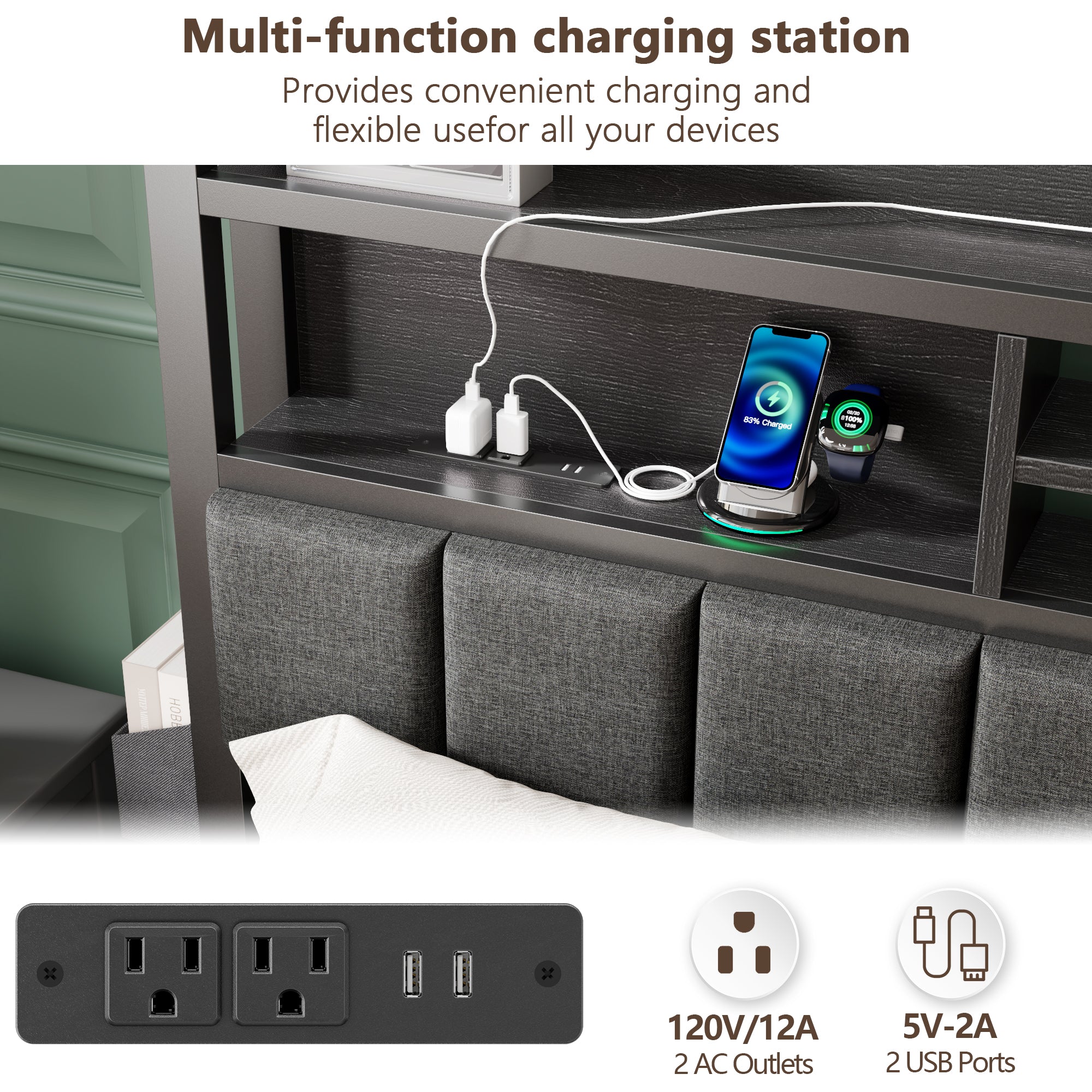 Furnulem Full  Bed Frame with Storage Drawers  Upholstered Headboard with Storage Shelf  LED Lights and Charging Station  Metal Platform Bed Frame