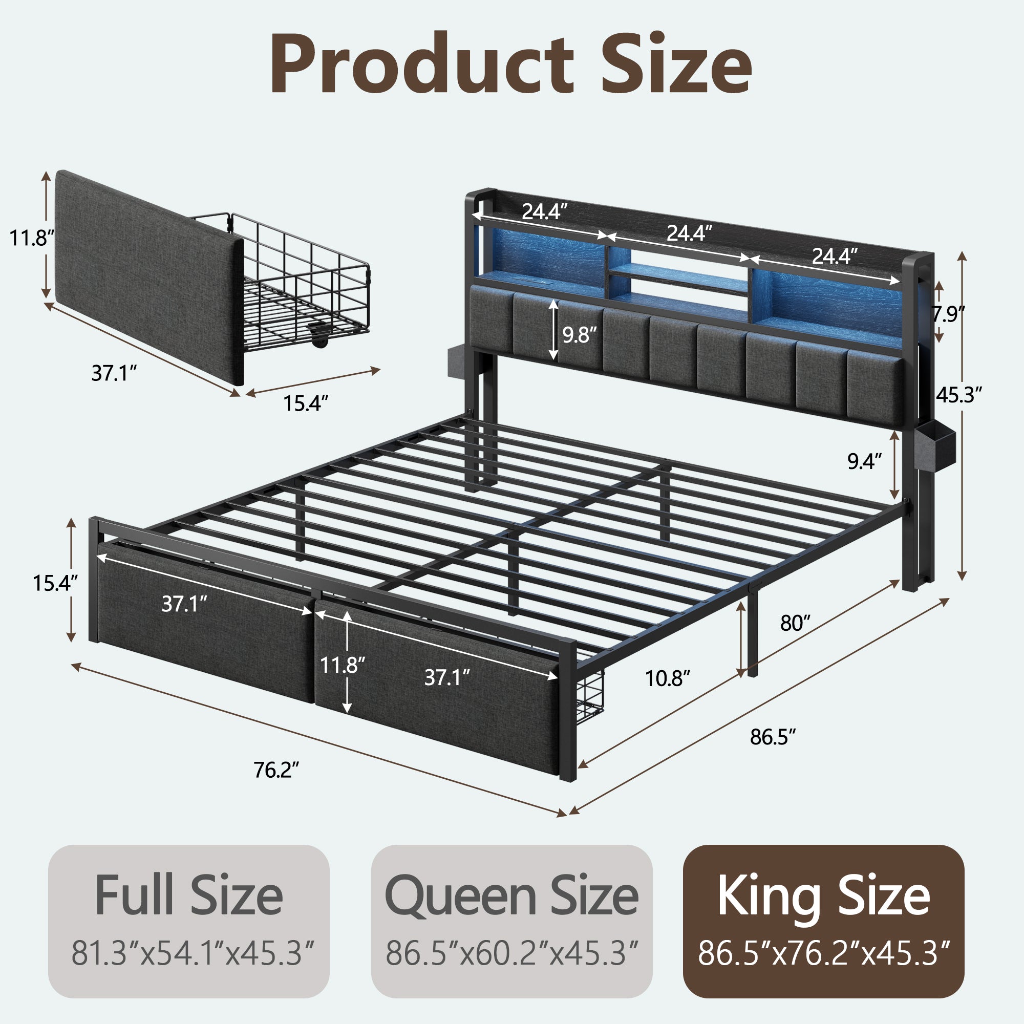 Upholstered King Size Bed Frame with Storage Drawers LED Lights Charging Station Shelf Headboard Heavy Duty Metal Platform Bed Noise Free