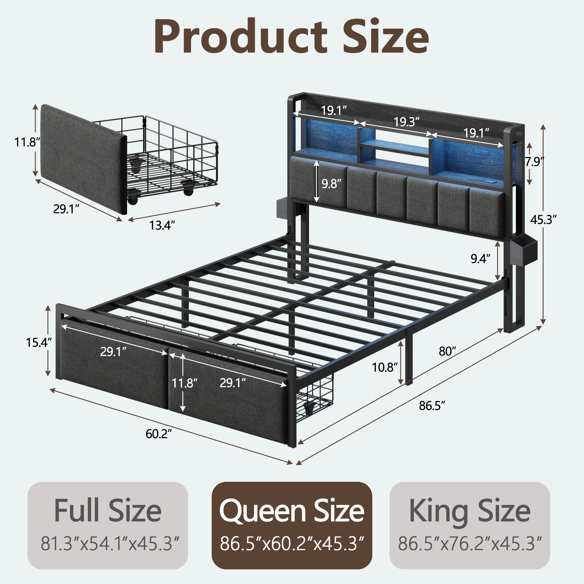 Queen Size Upholstered Bed Frame with LED Lights Charging Station Storage Drawers Headboard Shelf Heavy Duty Metal Platform No Box Spring Needed