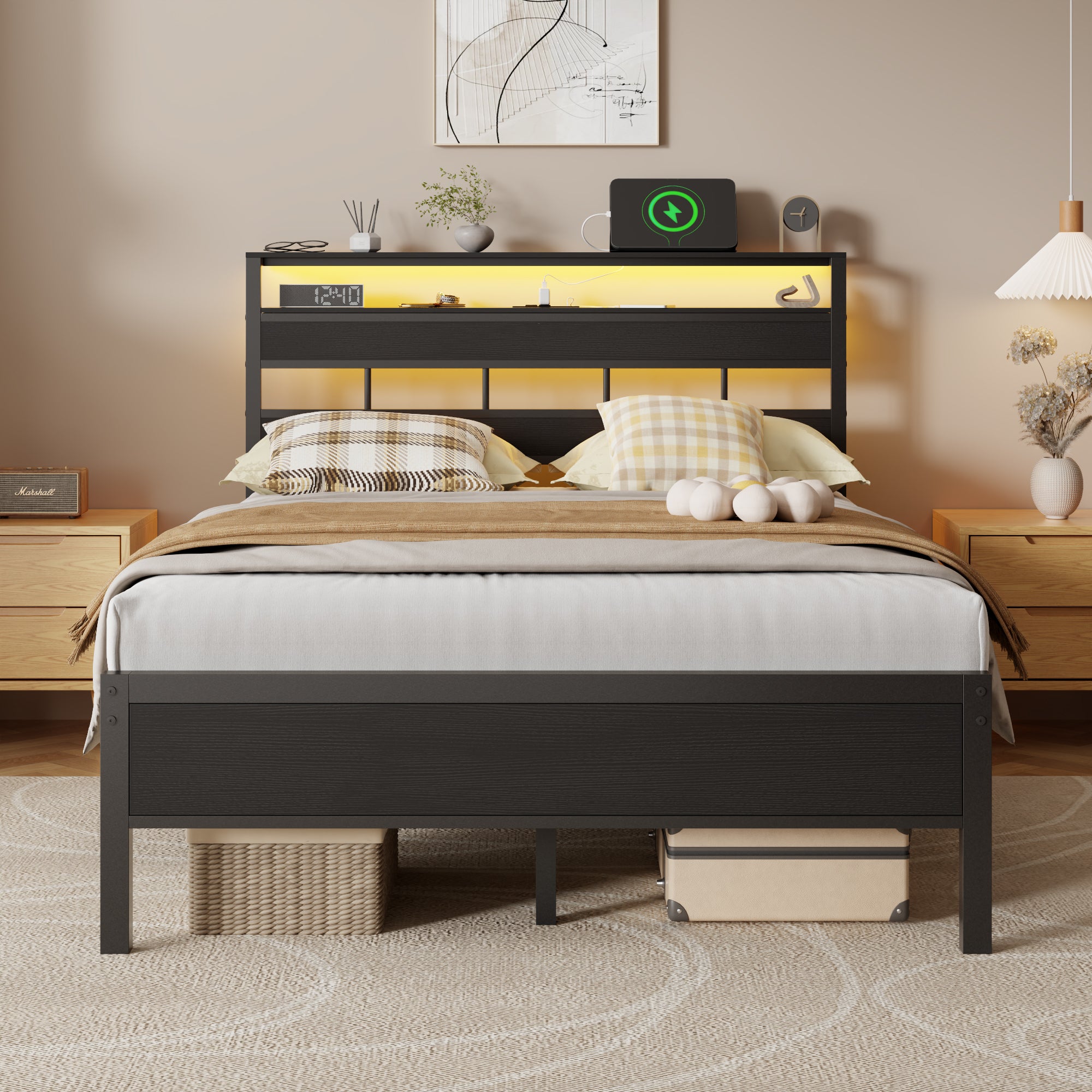 Full Size Metal Platform Bed Frame with LED Lights Charging Station 2 Tier Storage Headboard Shelf Industrial Wood No Box Spring Needed USB Teen