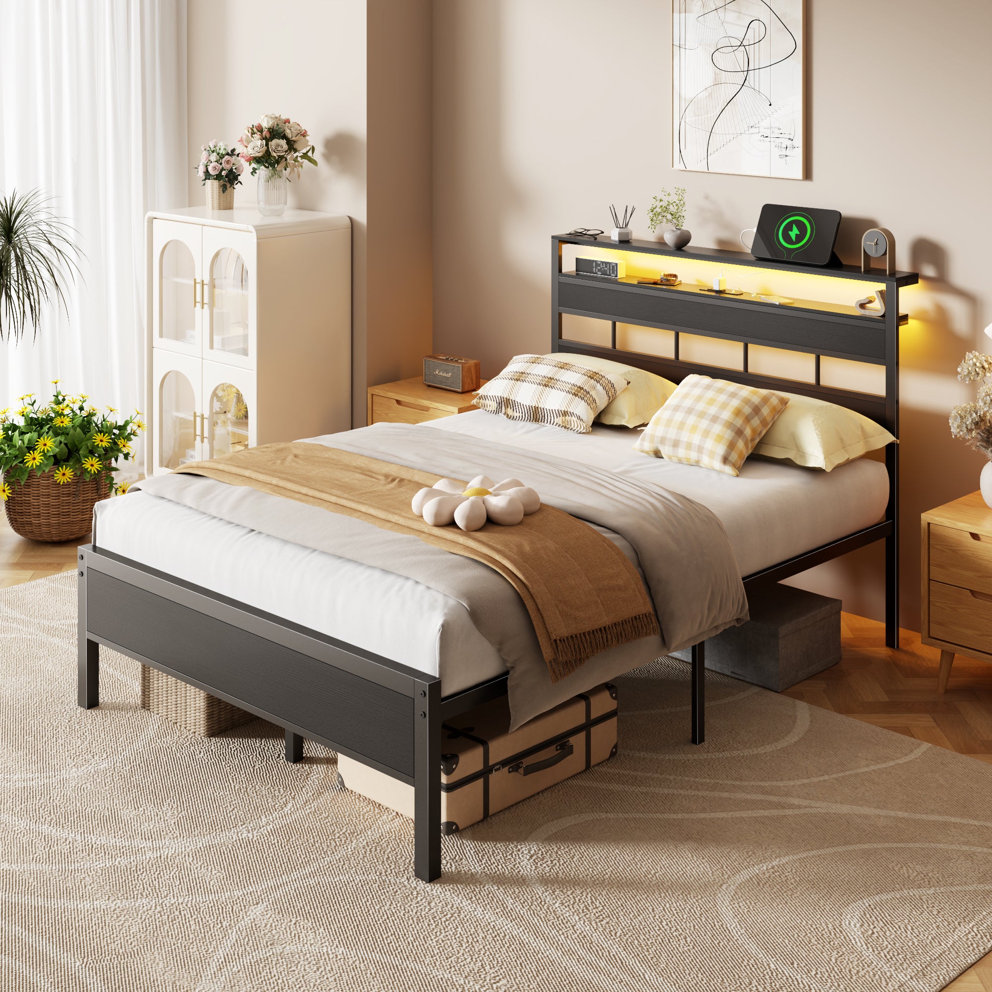 Furnulem Full Size Bed Frame with LED Light and Charging Station Wood Storage Headboard with 2-Tier Shelves Metal Platform Bed with Heavy Duty Slats