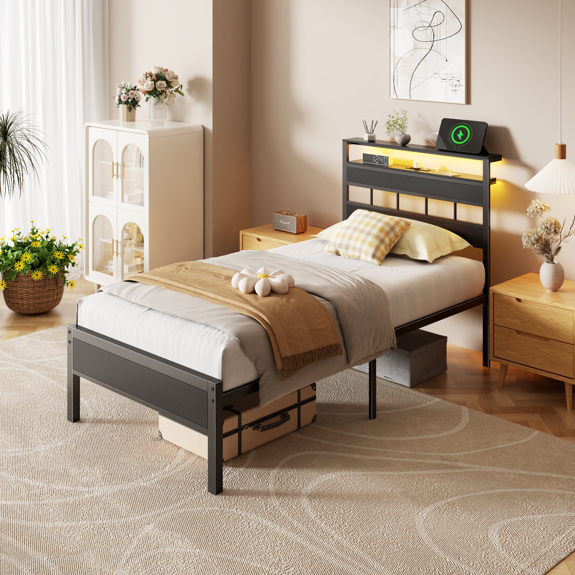 Twin Bed Frame with Charging Station LED Lights Storage Headboard Black Oak Wood Platform Bed Metal Slats Support No Box Spring Needed