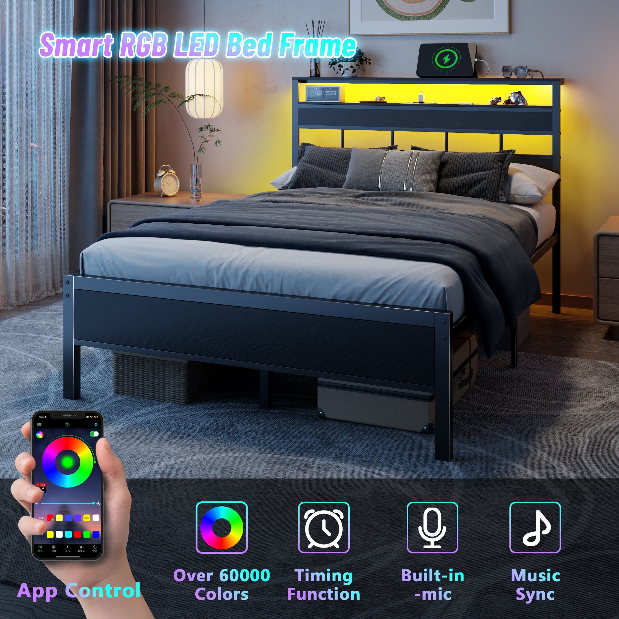 Full Size Metal Platform Bed Frame with LED Lights Charging Station 2 Tier Storage Headboard Shelf Industrial Wood No Box Spring Needed USB Teen