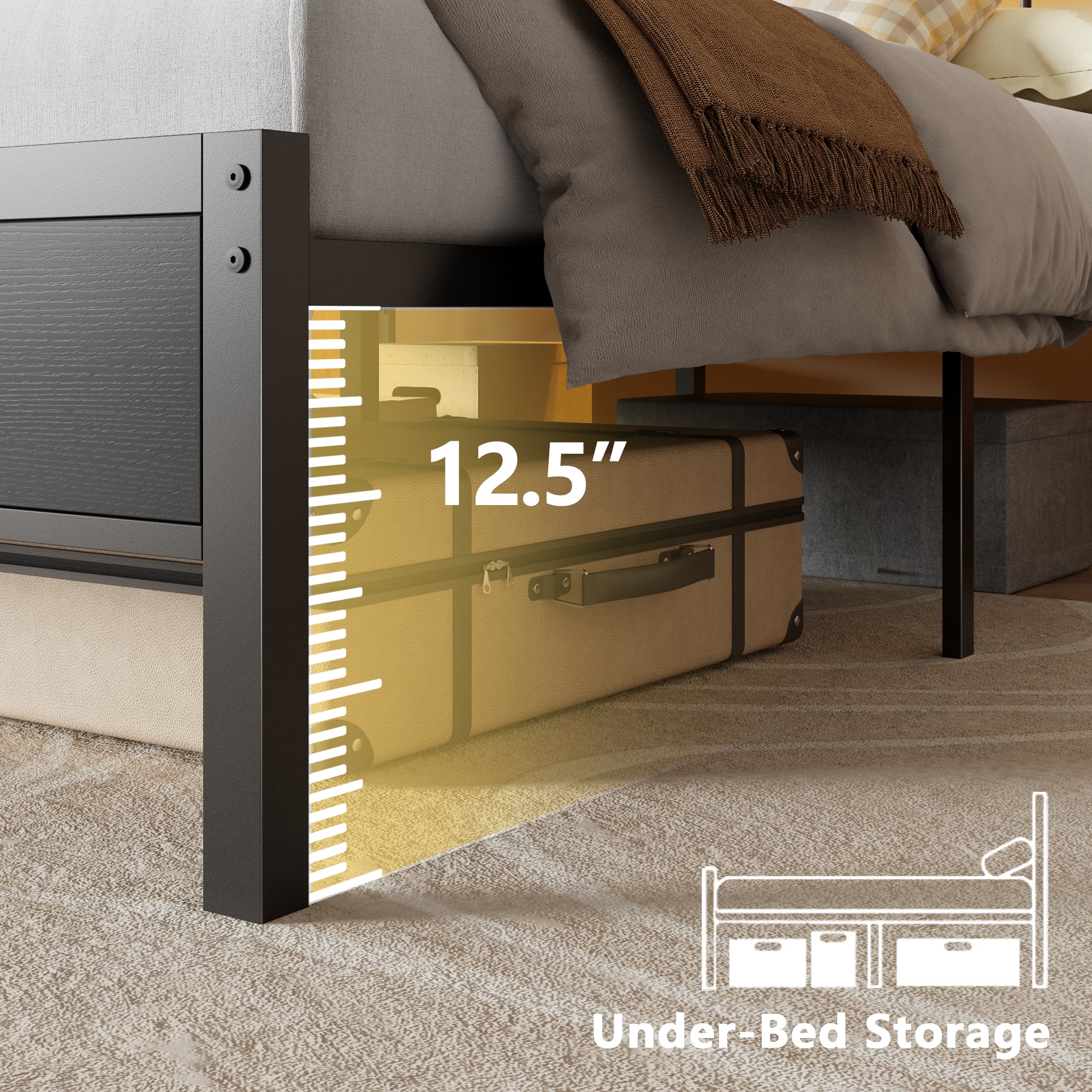 Full Size Metal Platform Bed Frame with LED Lights Charging Station 2 Tier Storage Headboard Shelf Industrial Wood No Box Spring Needed USB Teen