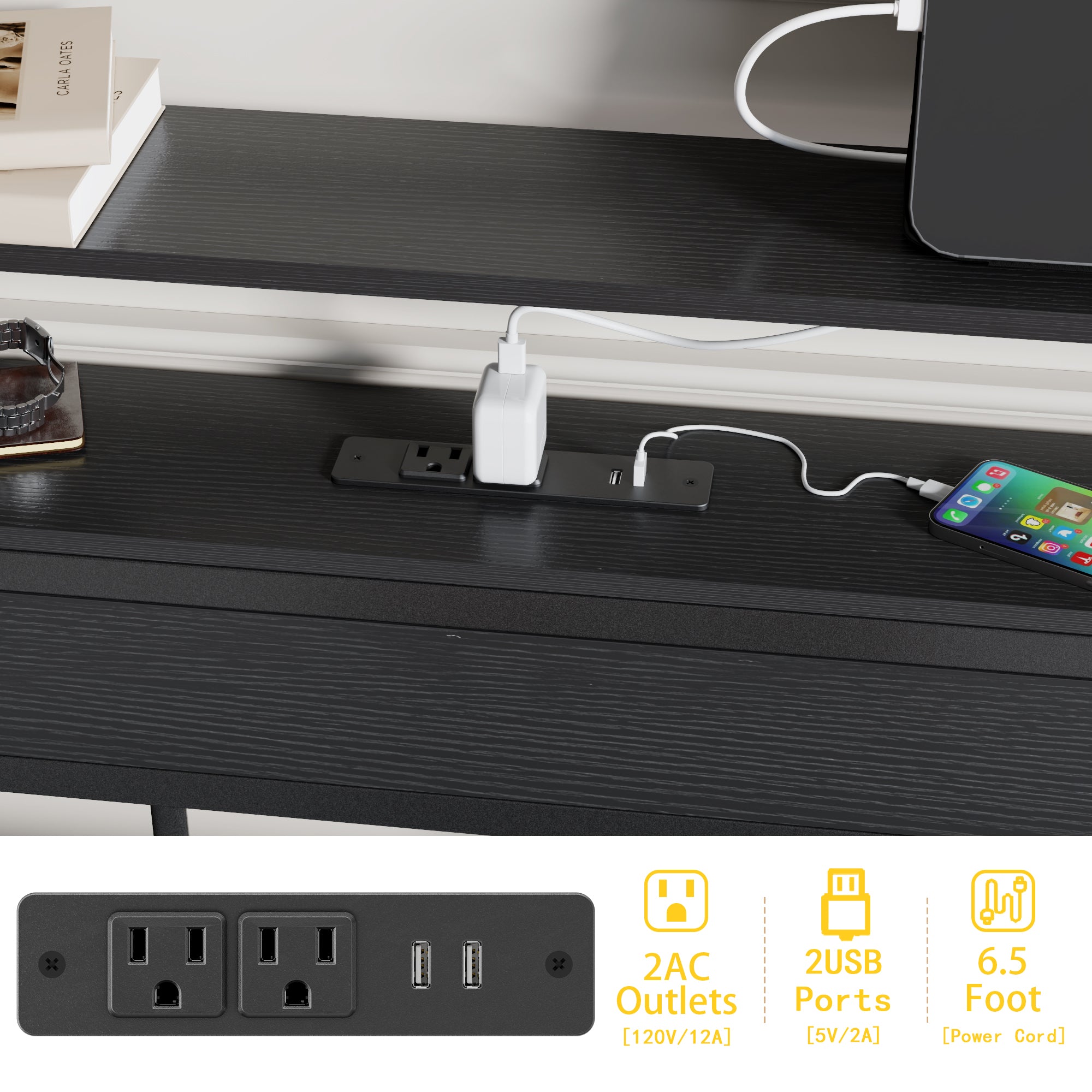 Industrial Full Size Platform Bed Frame LED Lights Charging Station Wood Storage Headboard 2 Tier Shelf Metal No Box Spring Needed Gaming Bedroom