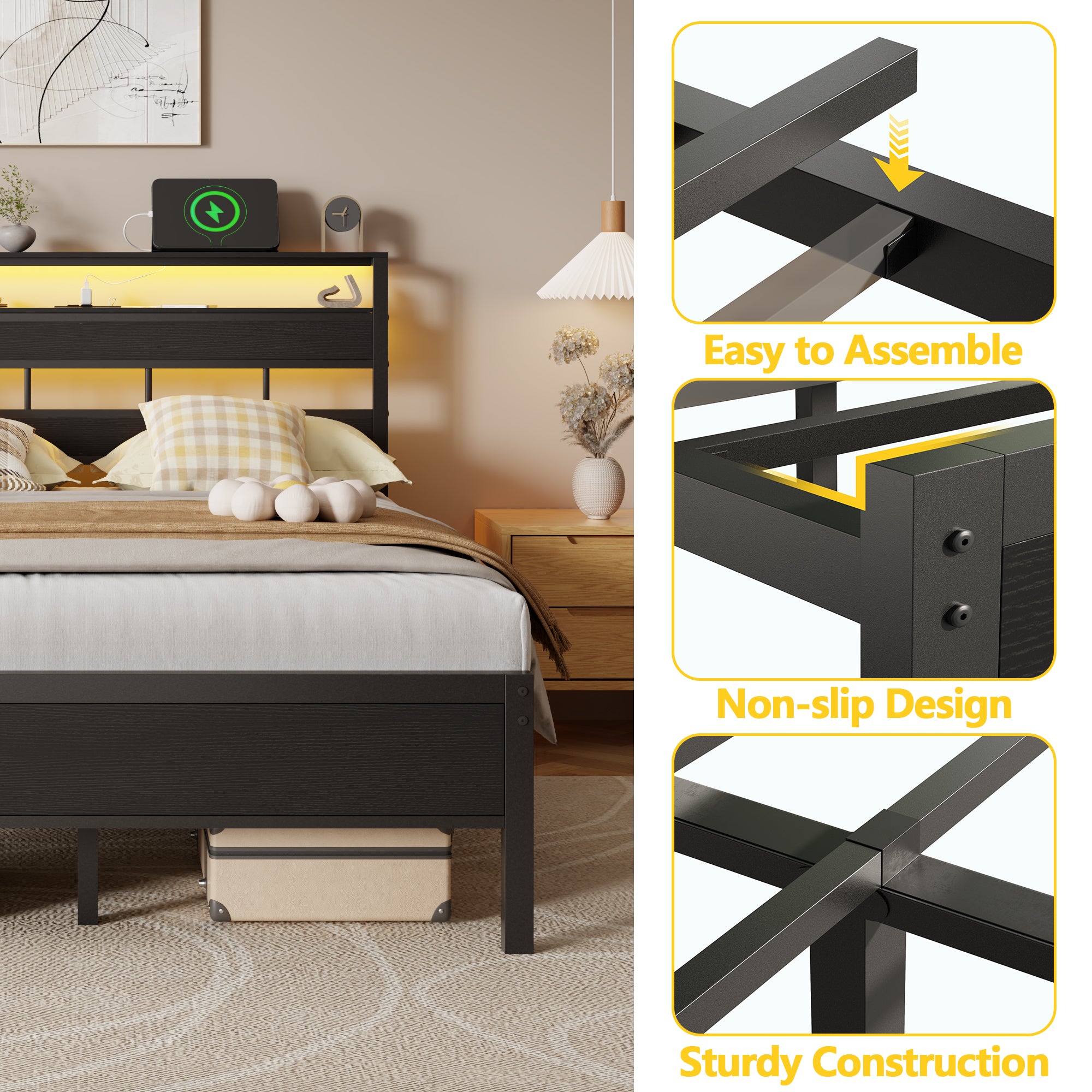 Industrial Full Size Platform Bed Frame LED Lights Charging Station Wood Storage Headboard 2 Tier Shelf Metal No Box Spring Needed Gaming Bedroom