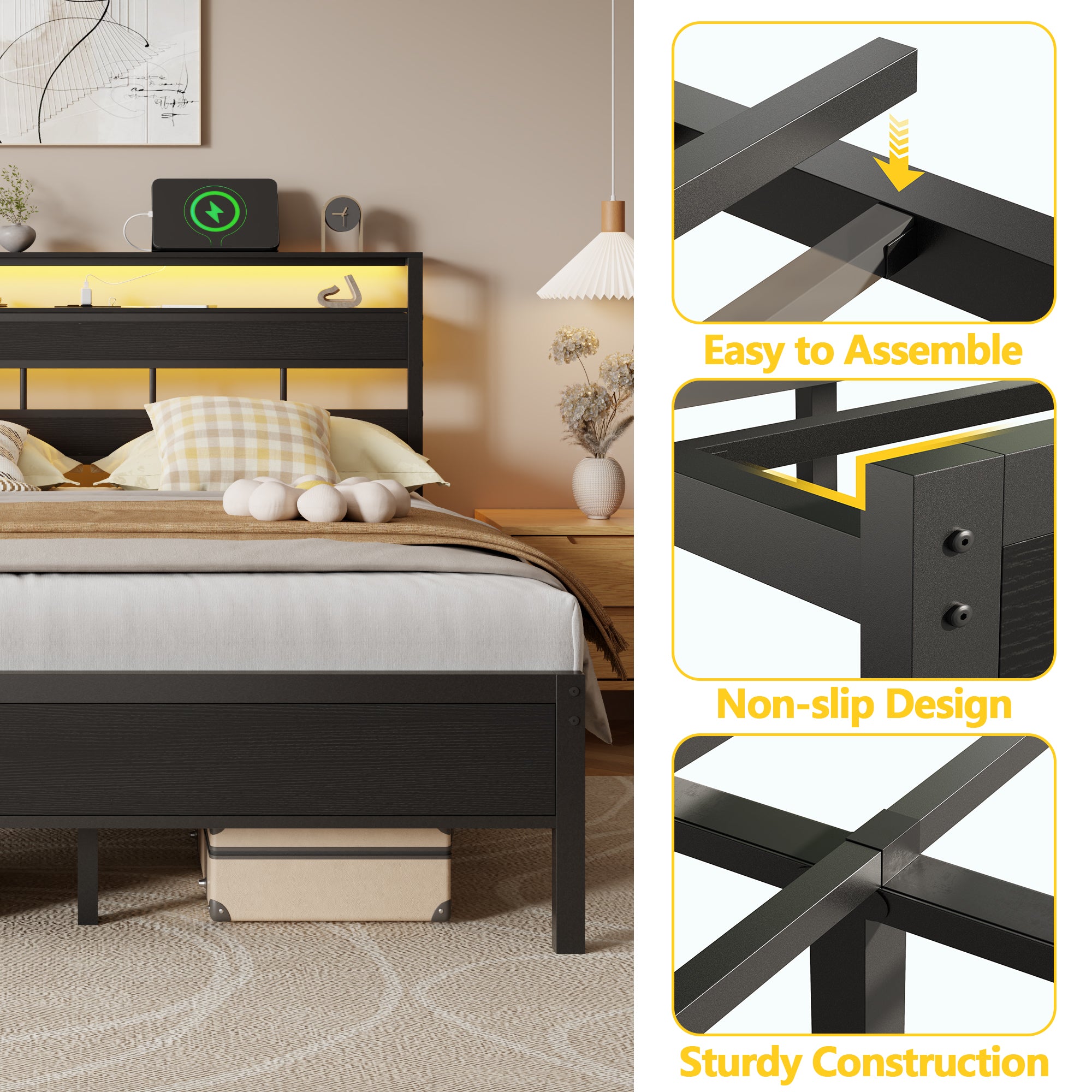 Queen Metal Platform Bed Frame with Bookcase Headboard Charging Station LED Lights Heavy Duty Modern Style USB Ports No Box Spring Needed
