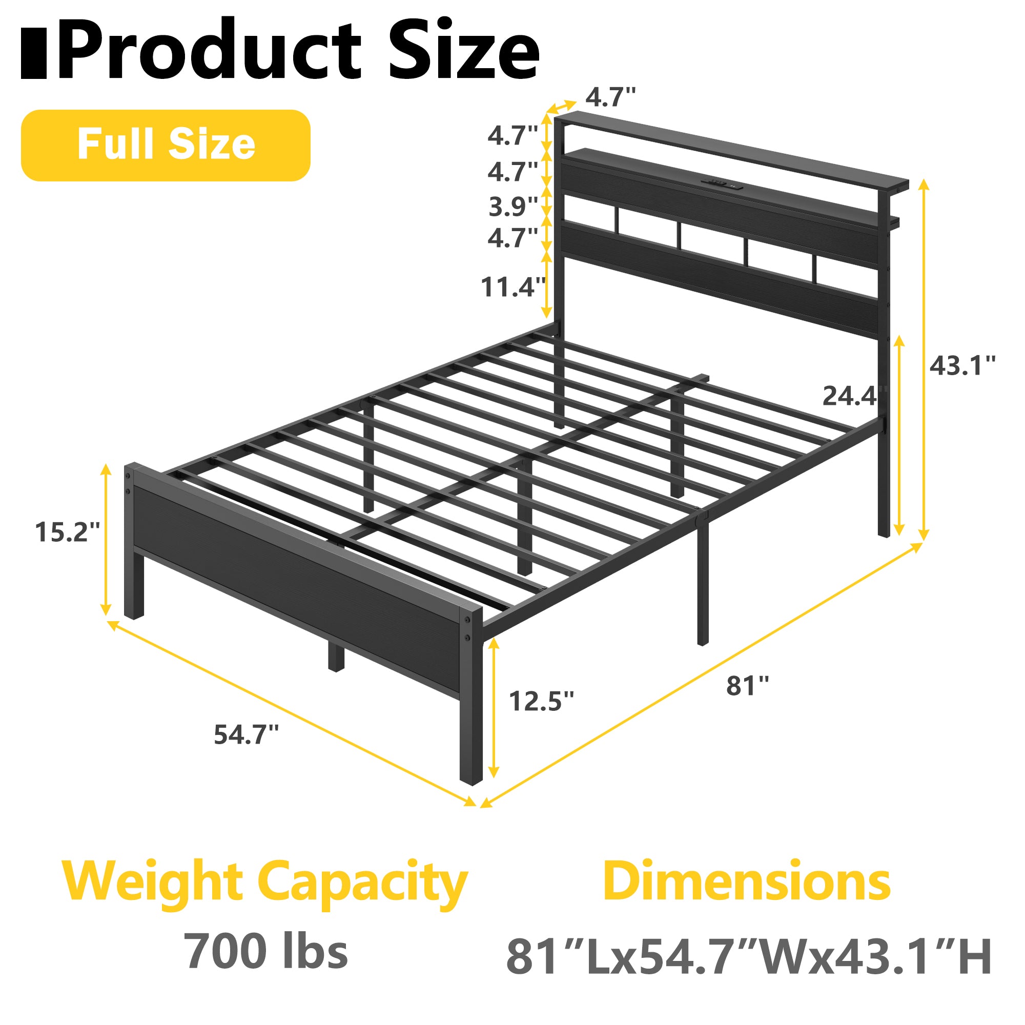 Industrial Full Size Platform Bed Frame LED Lights Charging Station Wood Storage Headboard 2 Tier Shelf Metal No Box Spring Needed Gaming Bedroom