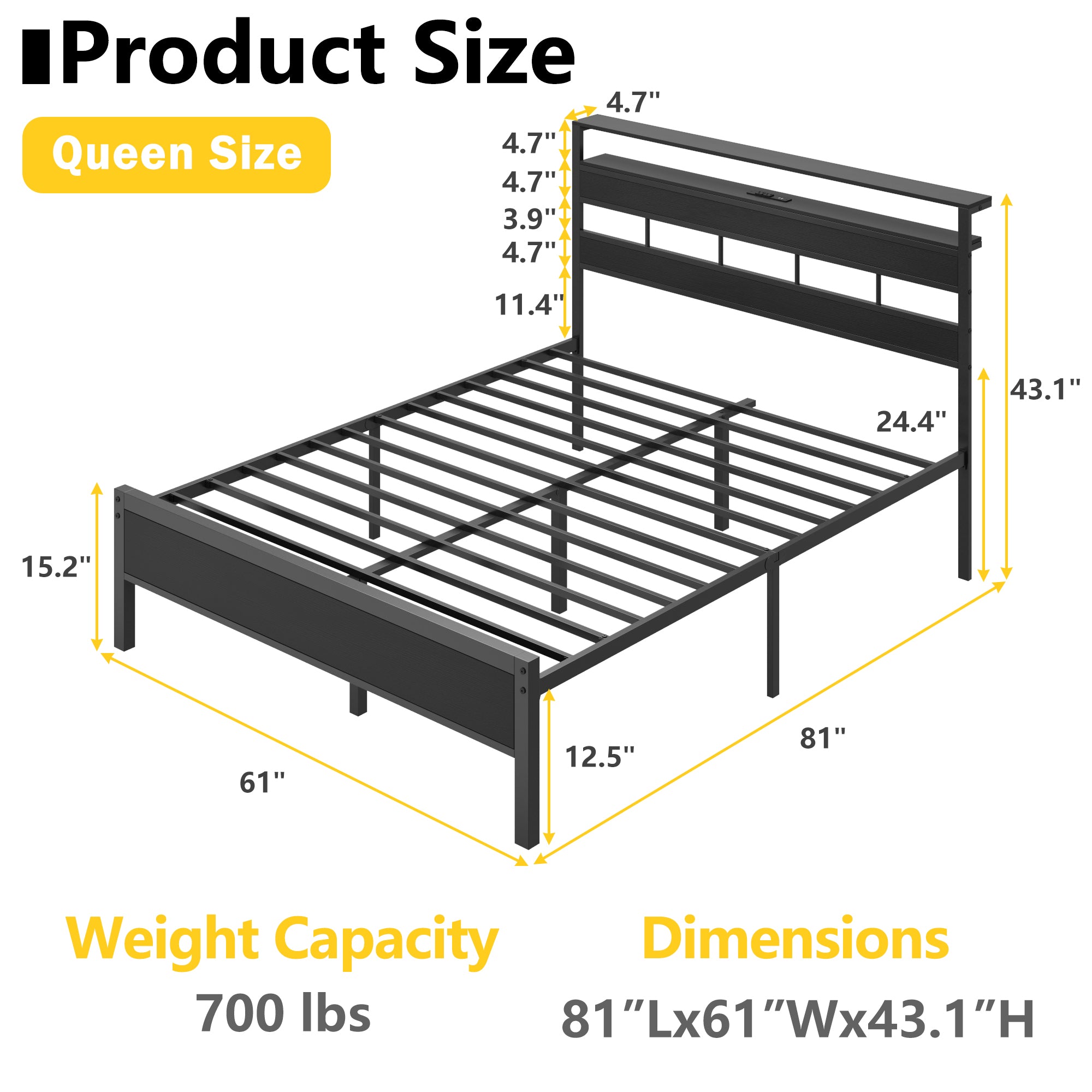 Heavy Duty Queen Bed Frame with Storage Shelf Headboard LED Lights Charging Station Modern Metal Platform Bed No Box Spring Needed Black