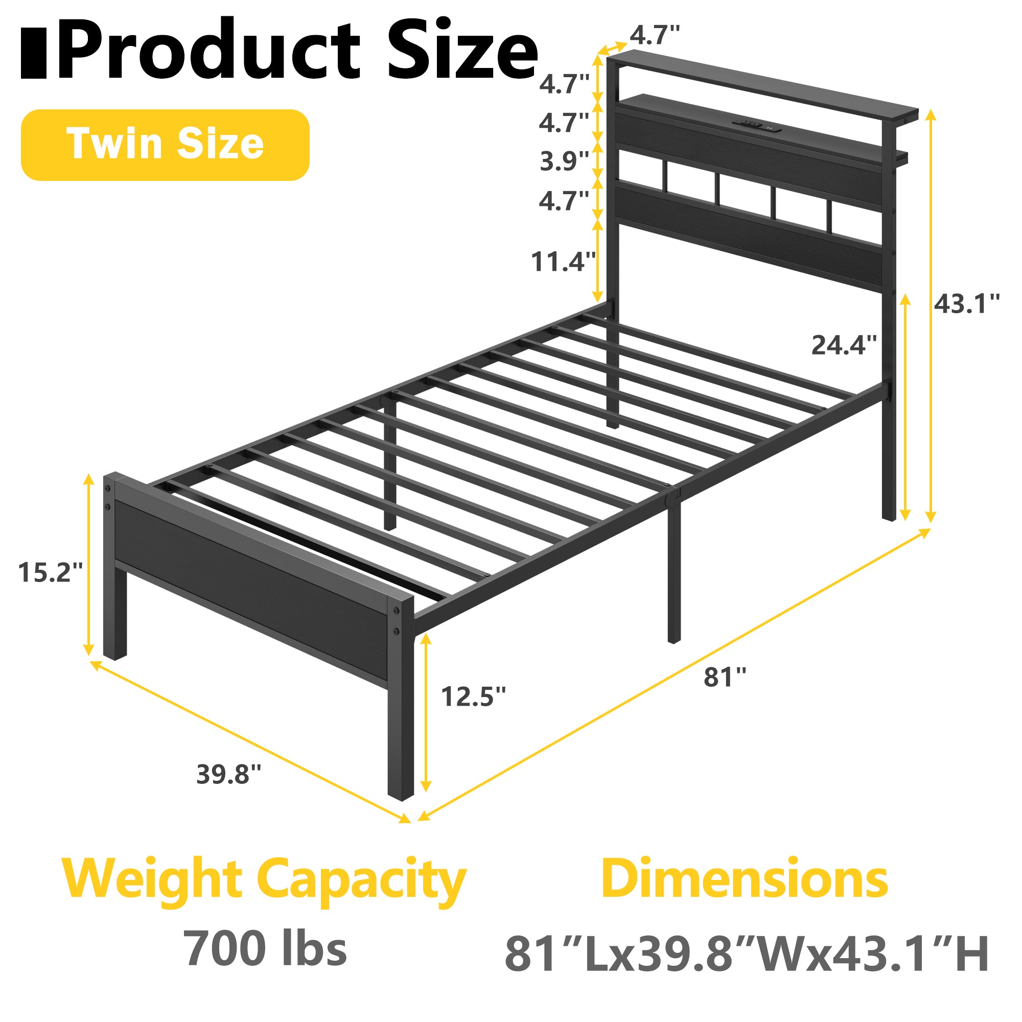 Twin Bed Frame with Charging Station LED Lights Storage Headboard Black Oak Wood Platform Bed Metal Slats Support No Box Spring Needed