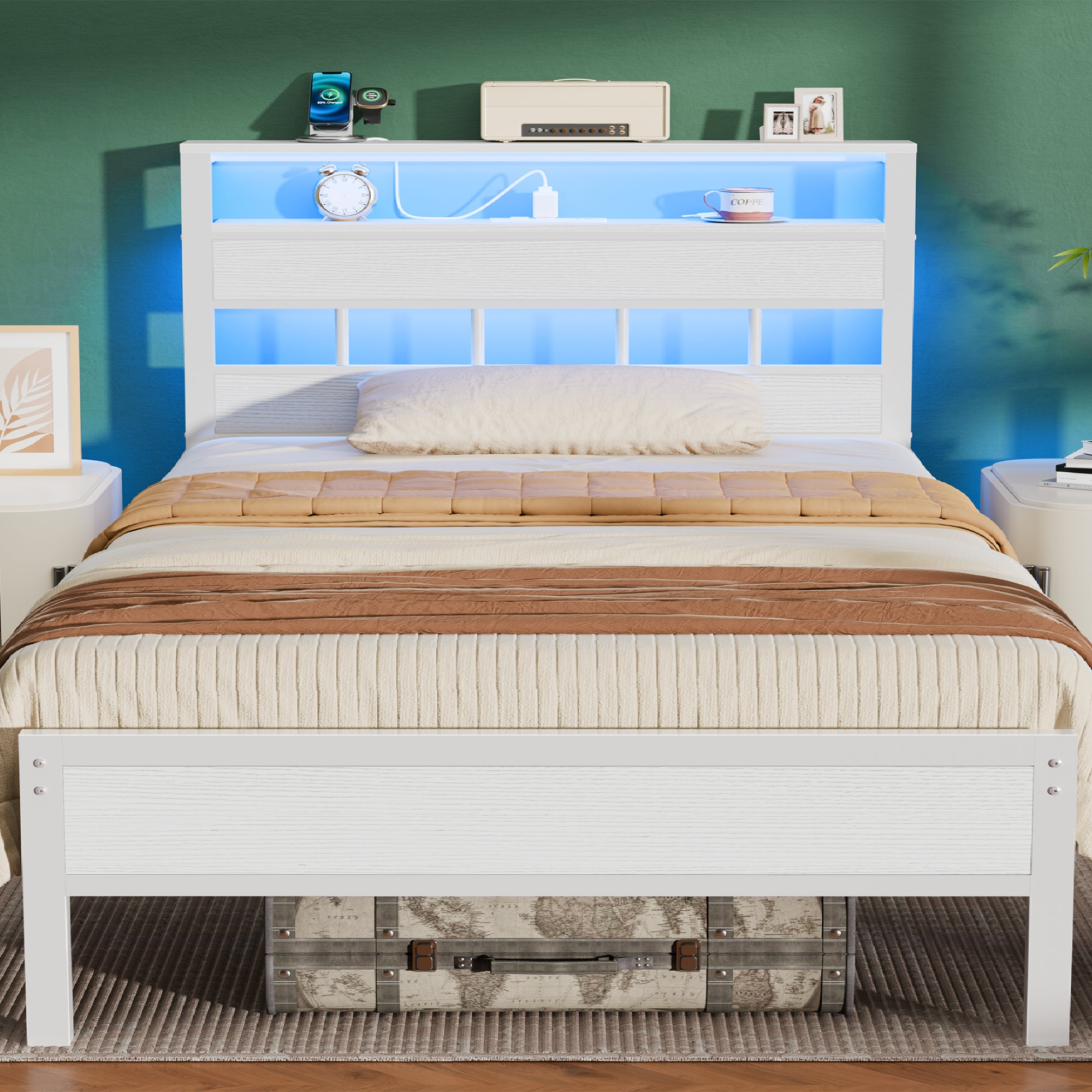 Furnulem Queen Bed Frame with Charging Station and LED Lights, Platform Bed with Metal Slats, Wood Headboard with 2-Tier Storage Shelves, No Box Spring Needed, White