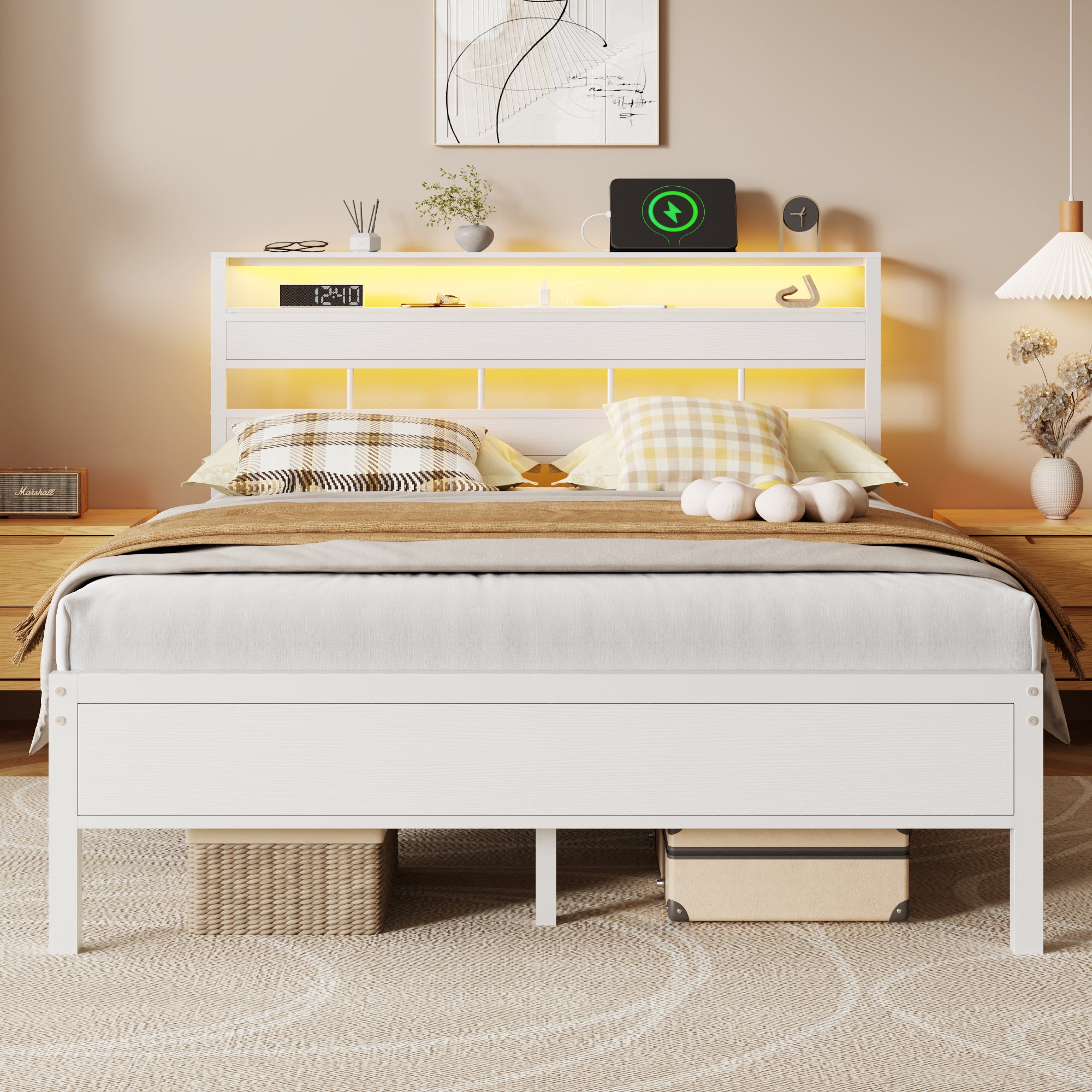 White Queen Platform Bed Frame With Storage Headboard LED Lights Charging Station Heavy Duty Metal Slat Support No Box Spring Needed Modern Bedroom